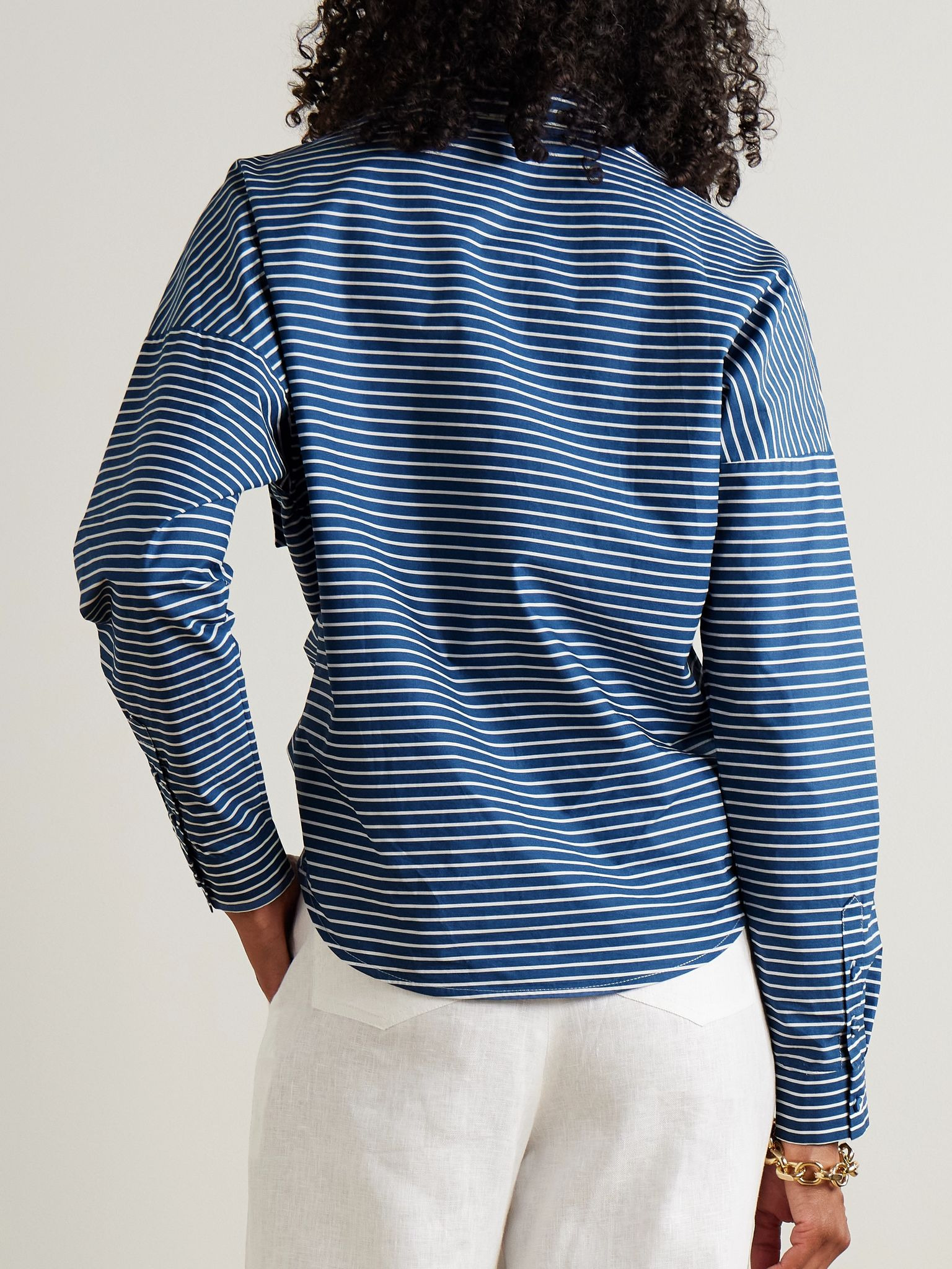 Ilusion tie-detailed striped cotton-voile shirt Navy - 3