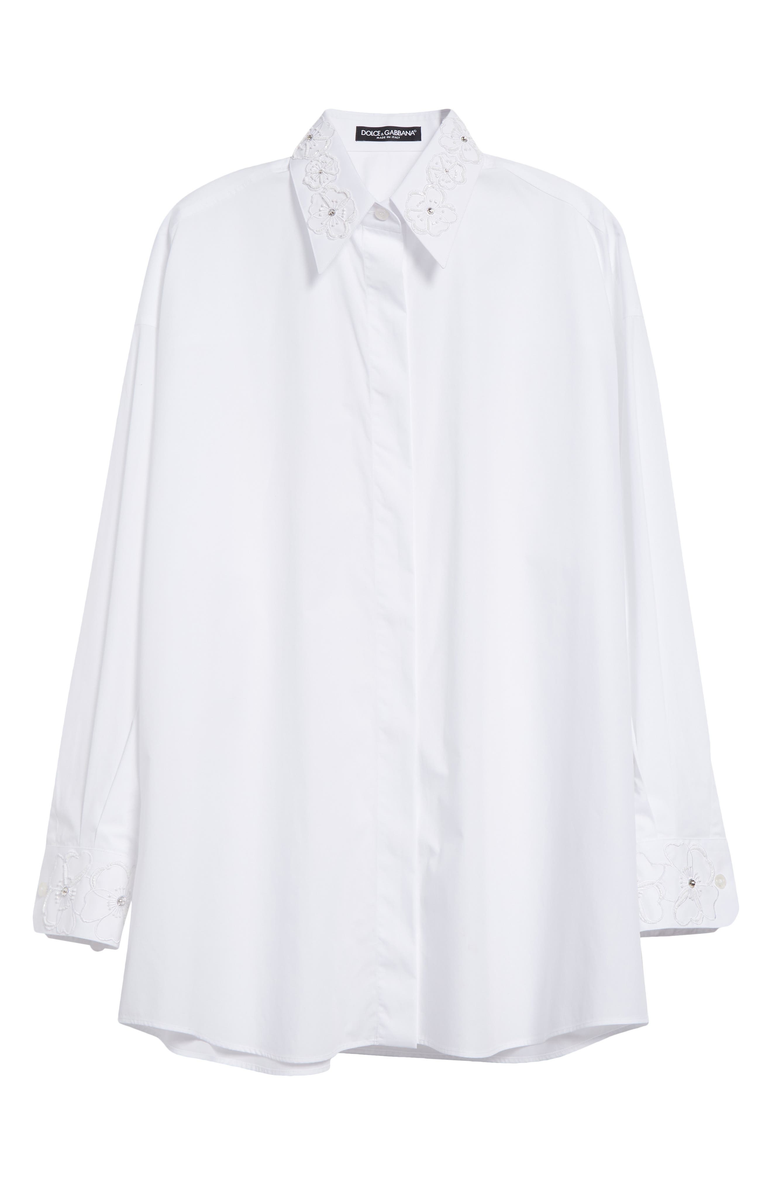Dolce&Gabbana Embroidered Trim Long Sleeve Cotton Poplin Button-Up Shirt in W0800 Bianco Ottico at N - 6