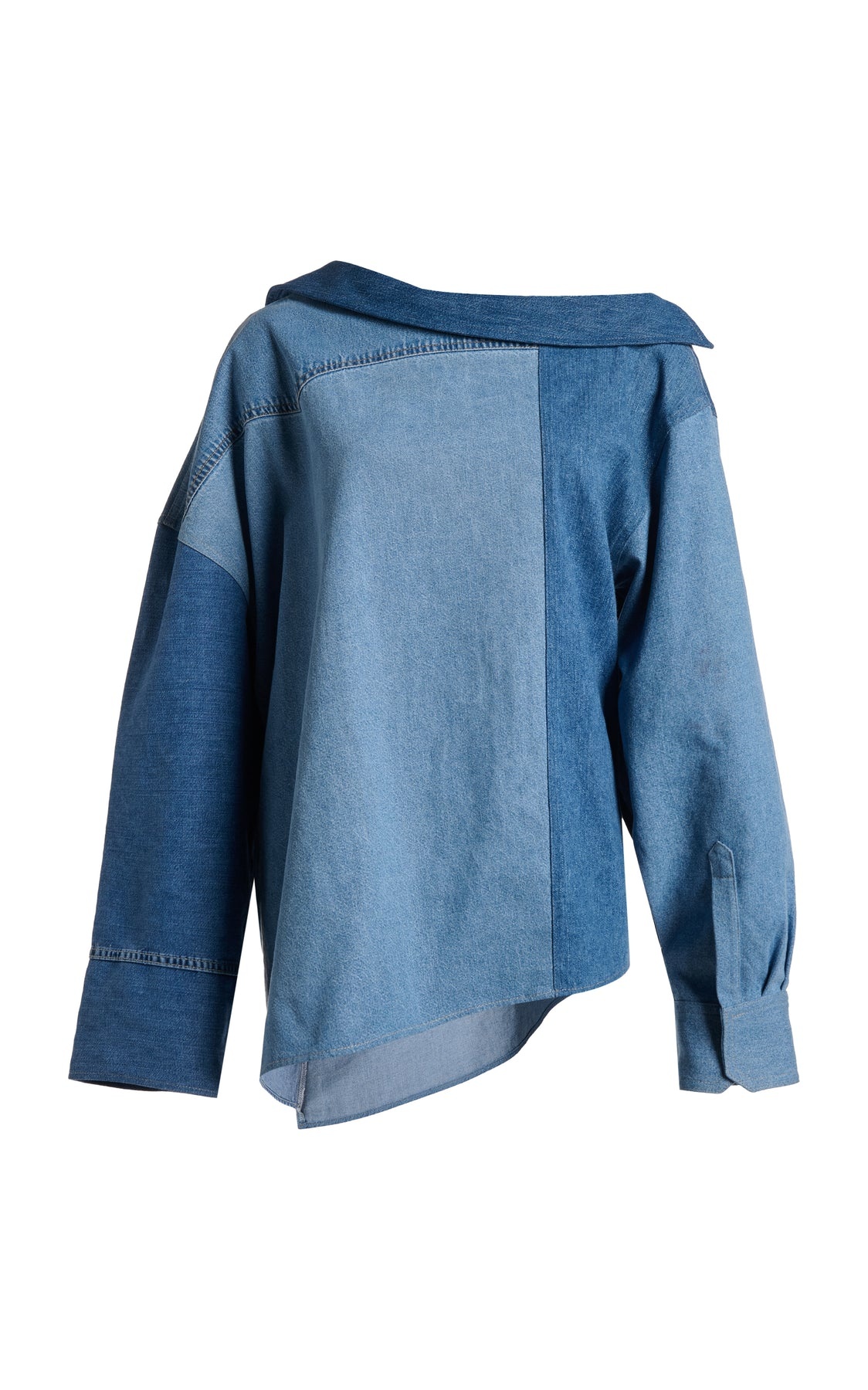 OFF SHOULDER UPCYCLED DENIM BACK TO FRONT SHIRT BLUE - 7