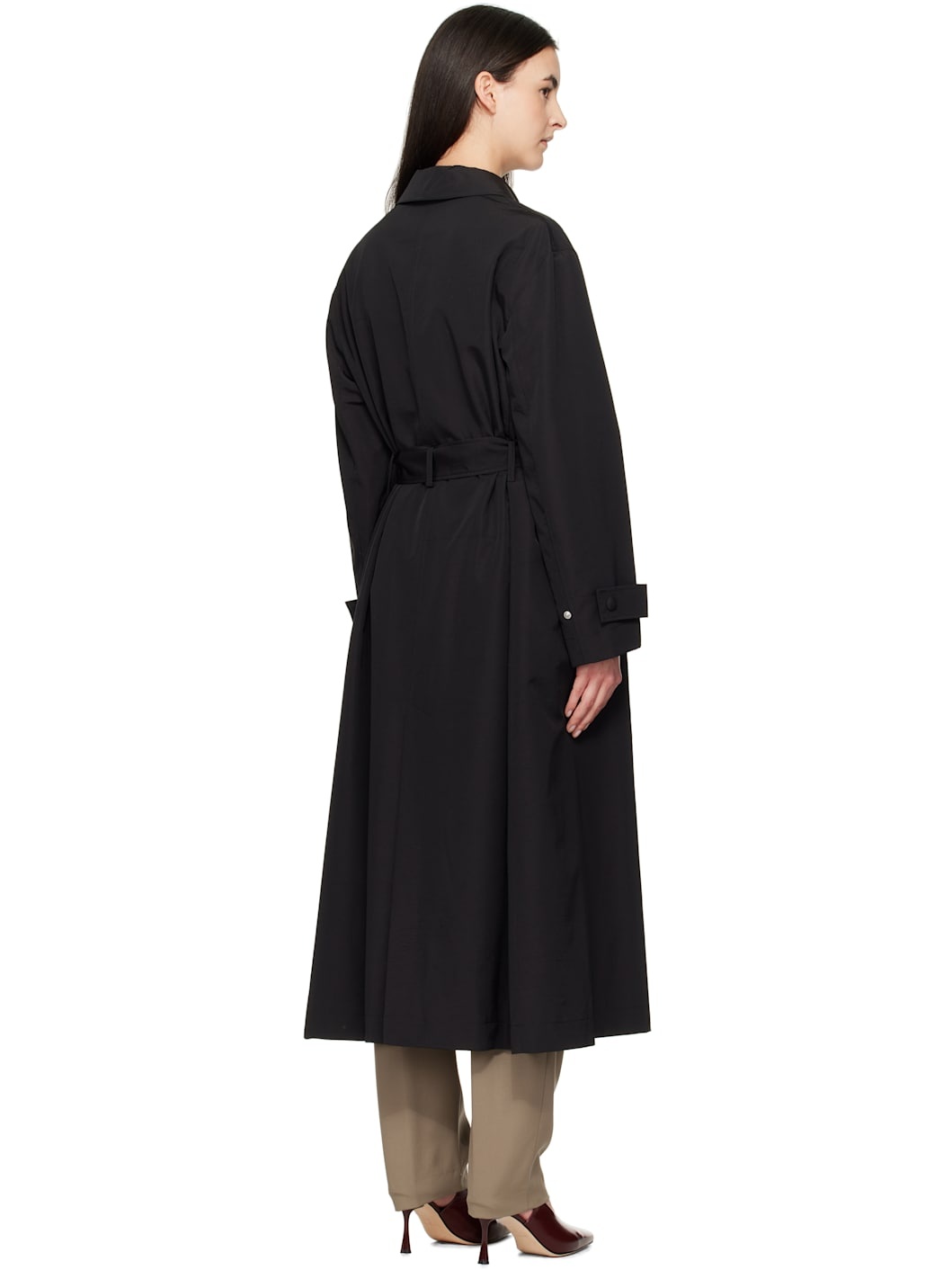 Black Wool-Nylon Belted Wrap Trench Coat - 3
