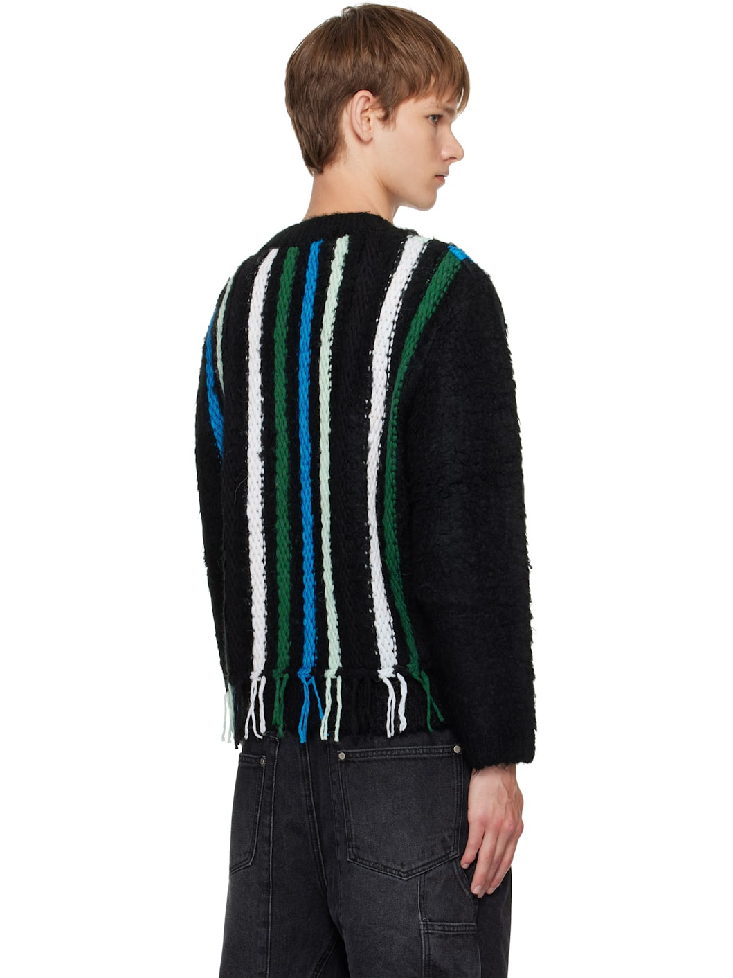 Black V-Neck Reverse Stripe Sweater - 3