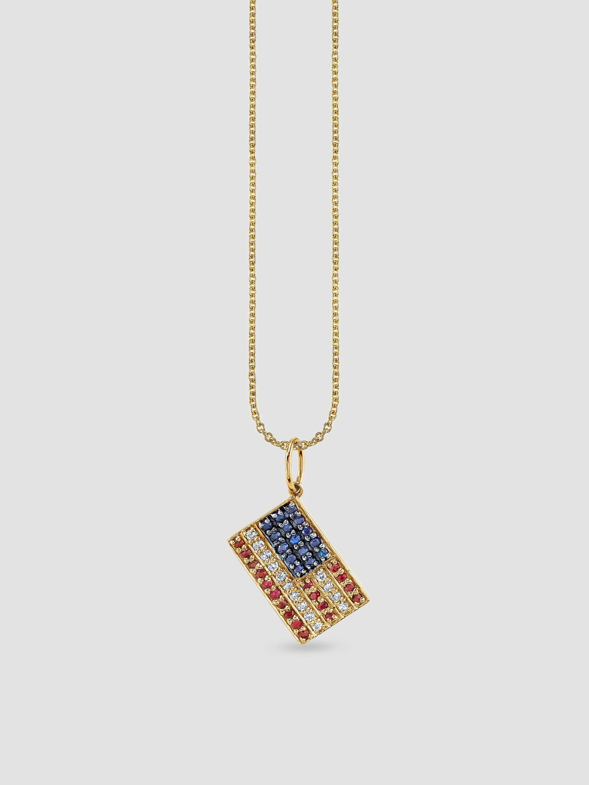 Women's 14K Ruby, Sapphire, and Diamond American Flag Pendant Necklace - Yellow Gold - 1
