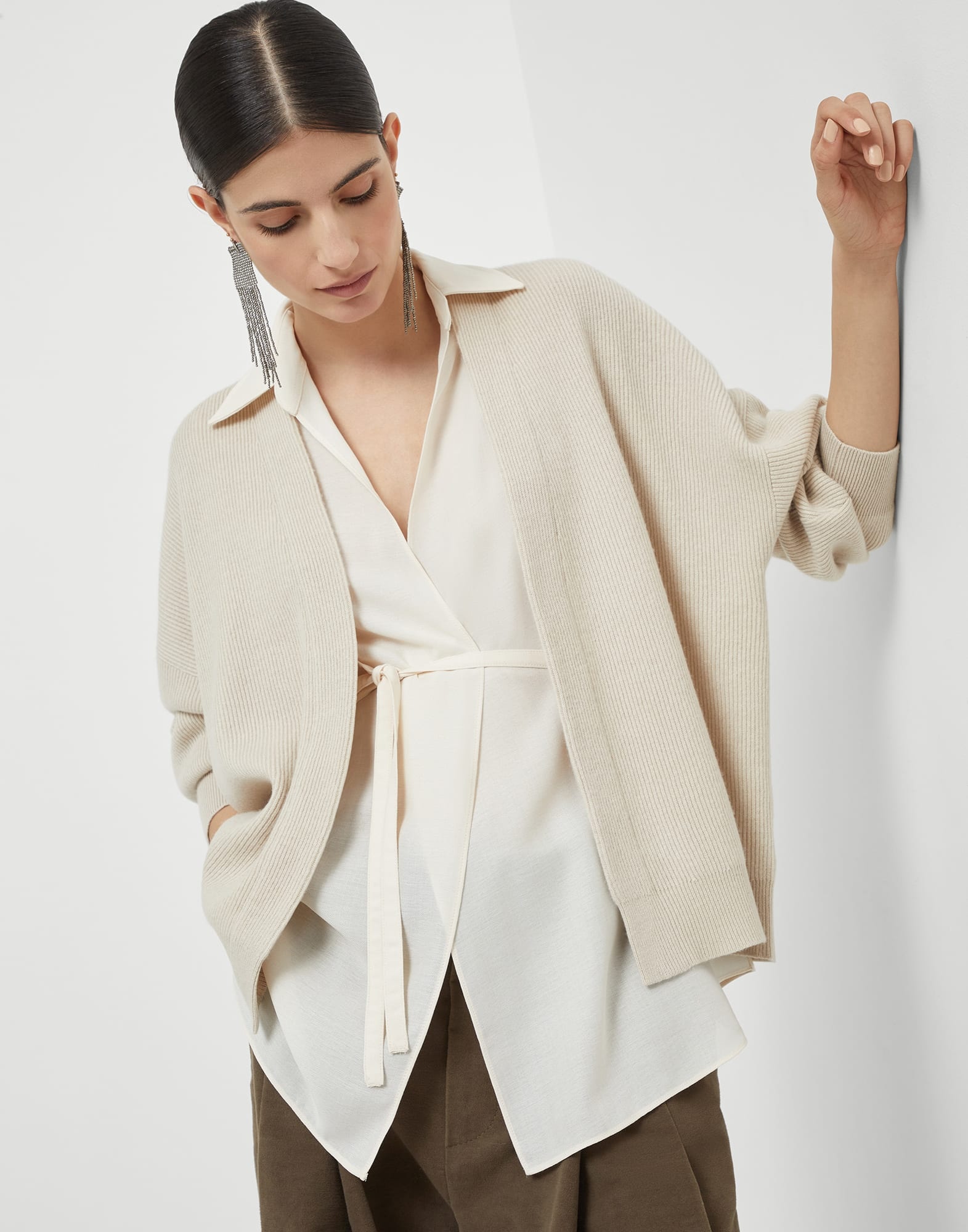 Cashmere English rib cardigan with detachable blouse and monili - 4