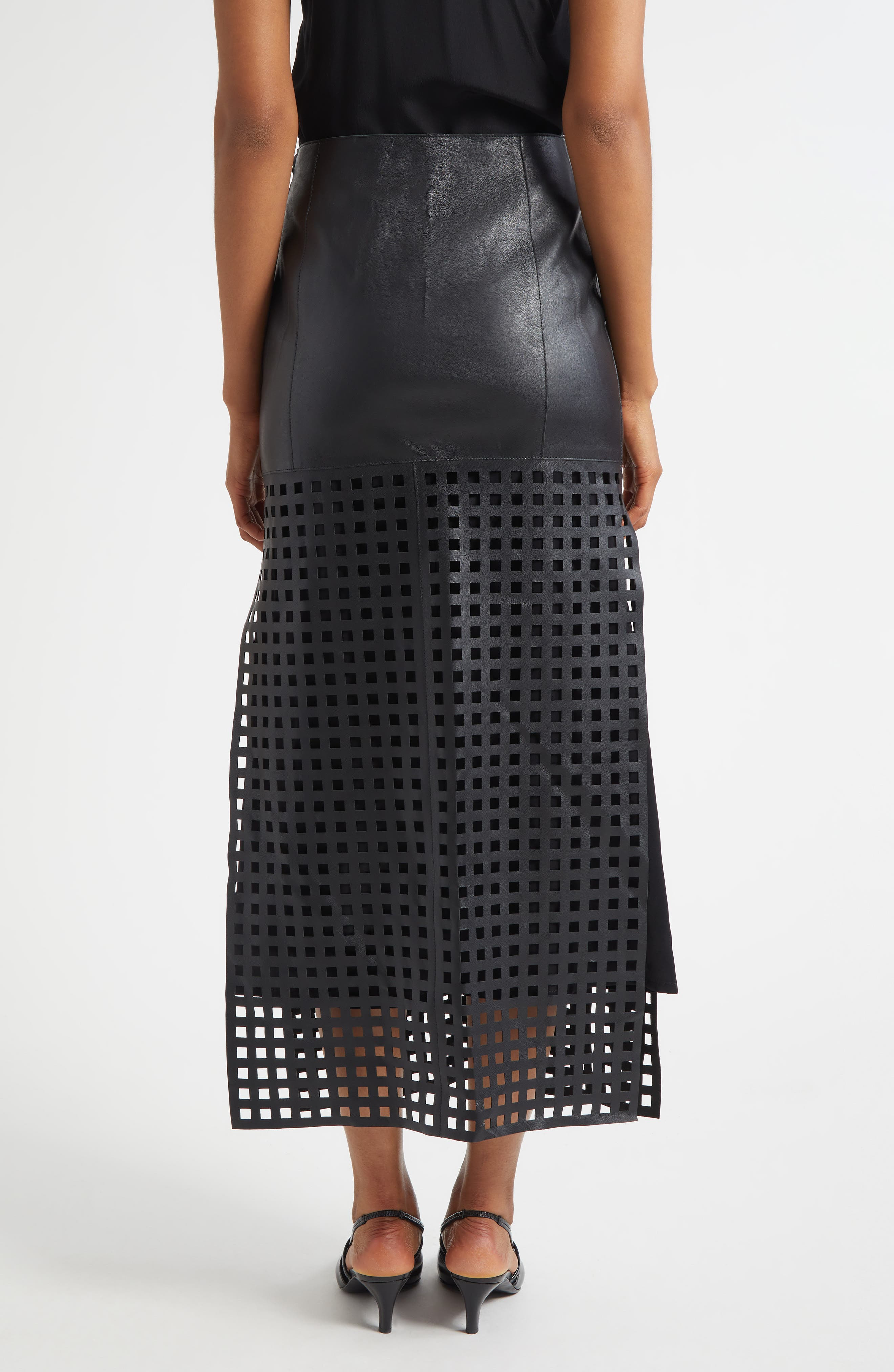 Emporio Armani Laser Cut Nappa Leather Midi Skirt in Solid Black at Nordstrom - 3