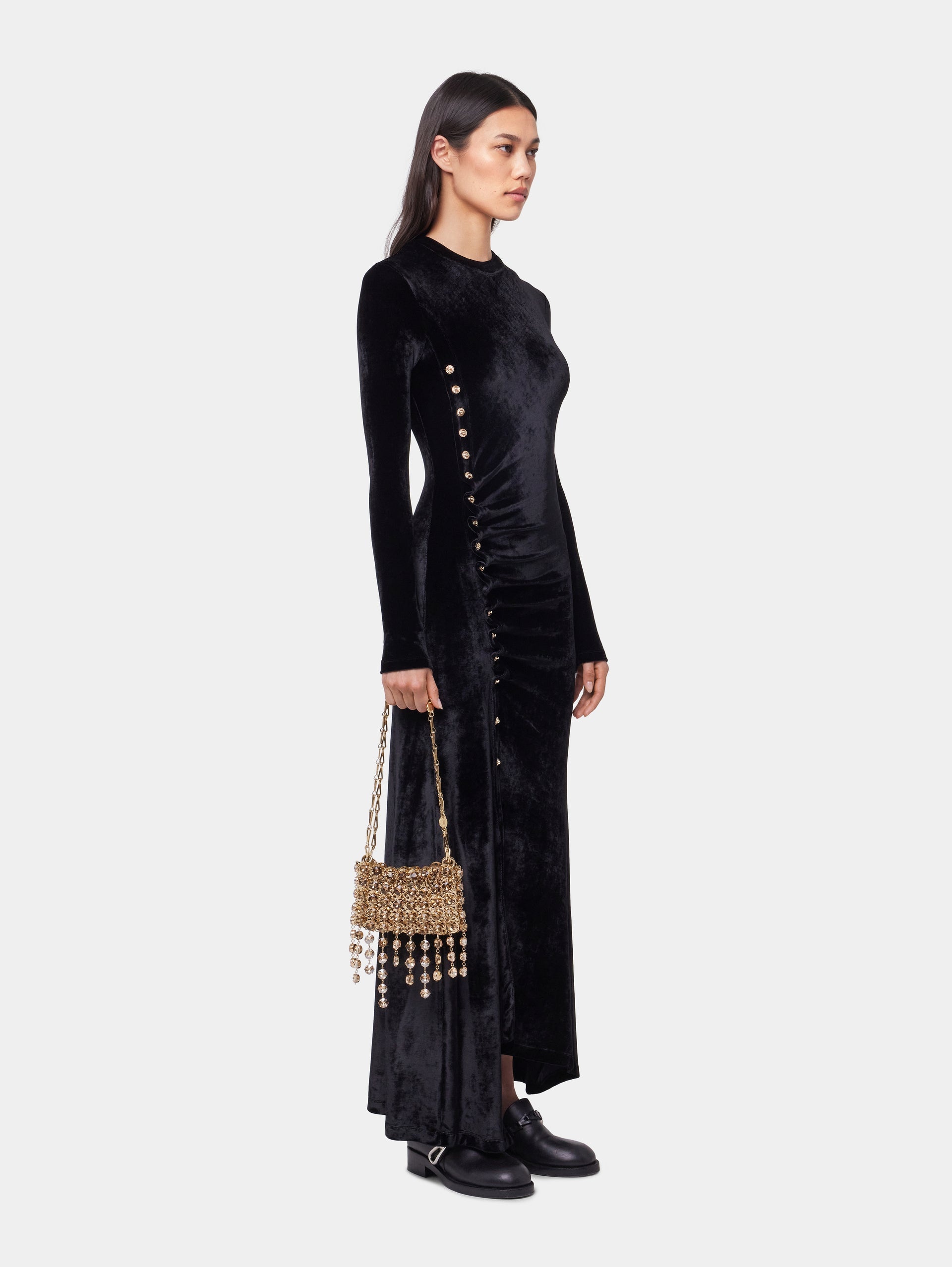 BLACK LONG DRAPED DRESS IN VELVET - 2