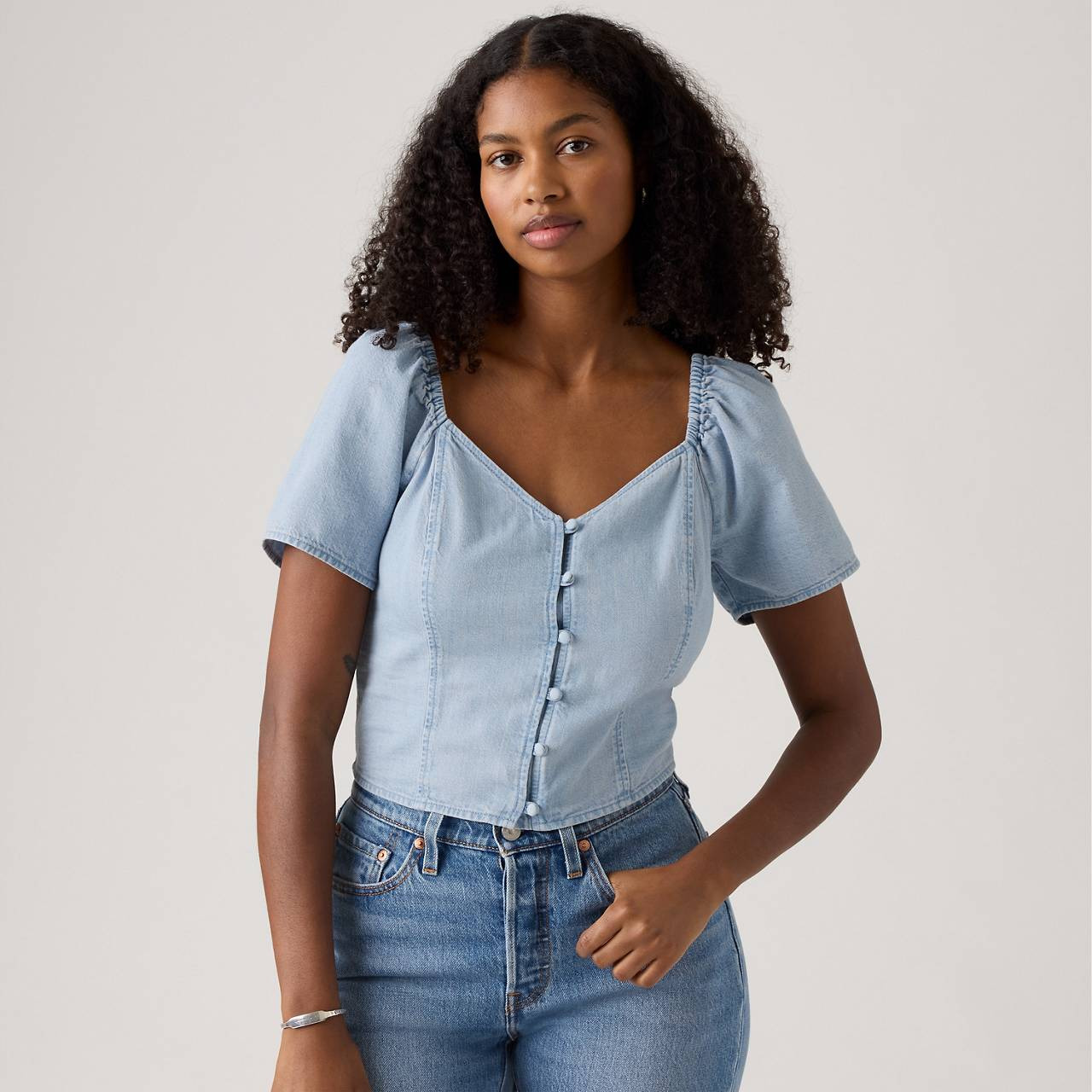 KIERRA SHORT-SLEEVE DENIM BLOUSE - 3