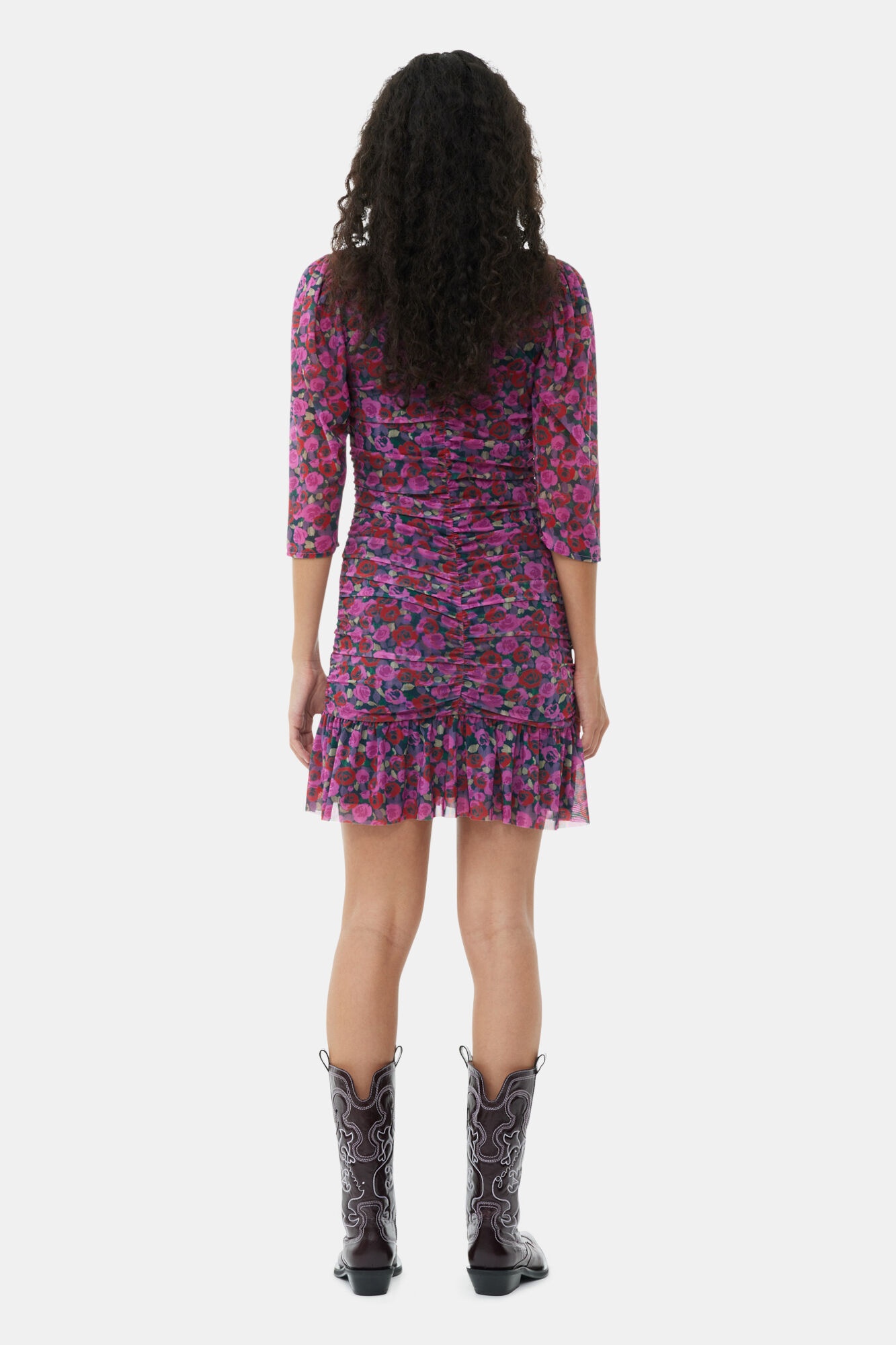 FLORAL MESH FLOUNCE RUCHED MINI DRESS - 5