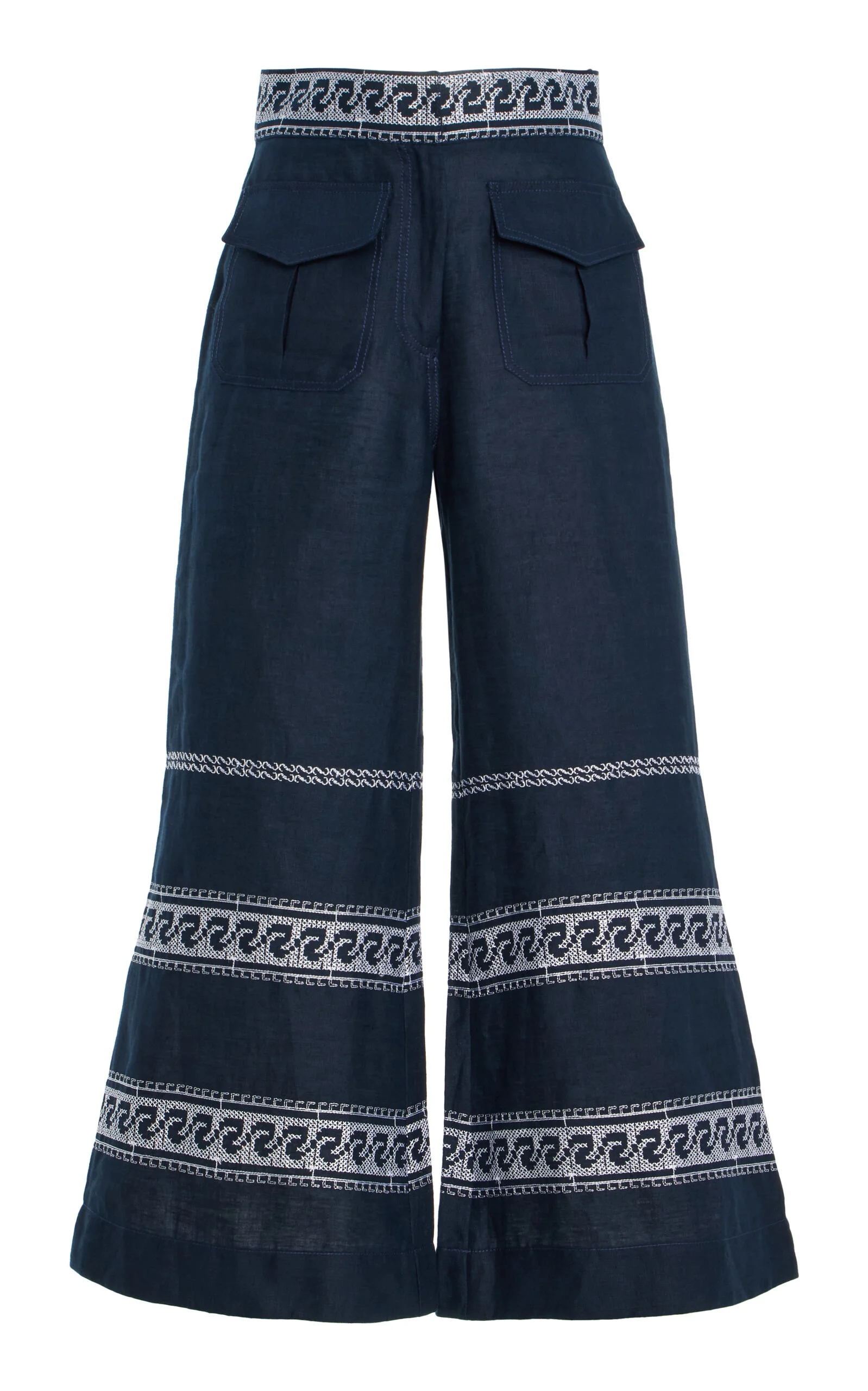 Zina Embroidered Linen-Blend Pants navy - 1
