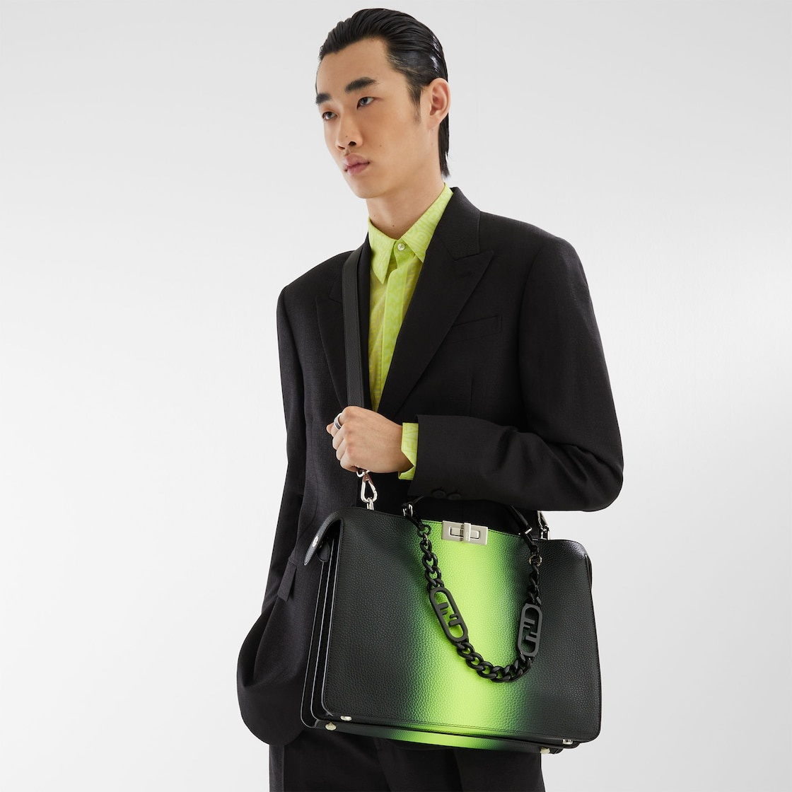 Medium Peekaboo ISeeU bag made of black Cuoio Romano leather with neon yellow gradient shading. The  - 8