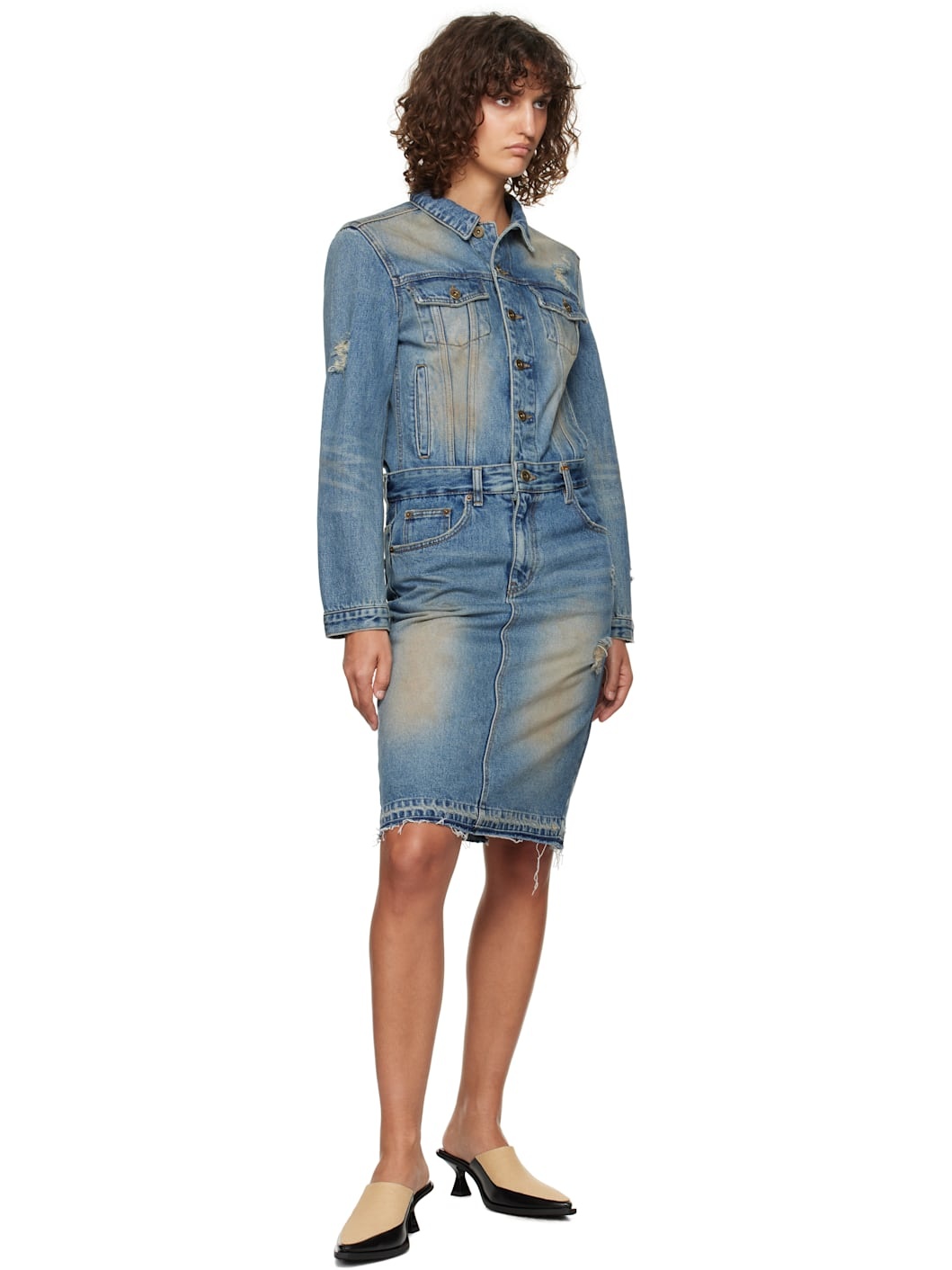 Blue Washed Denim Midi Dress - 4