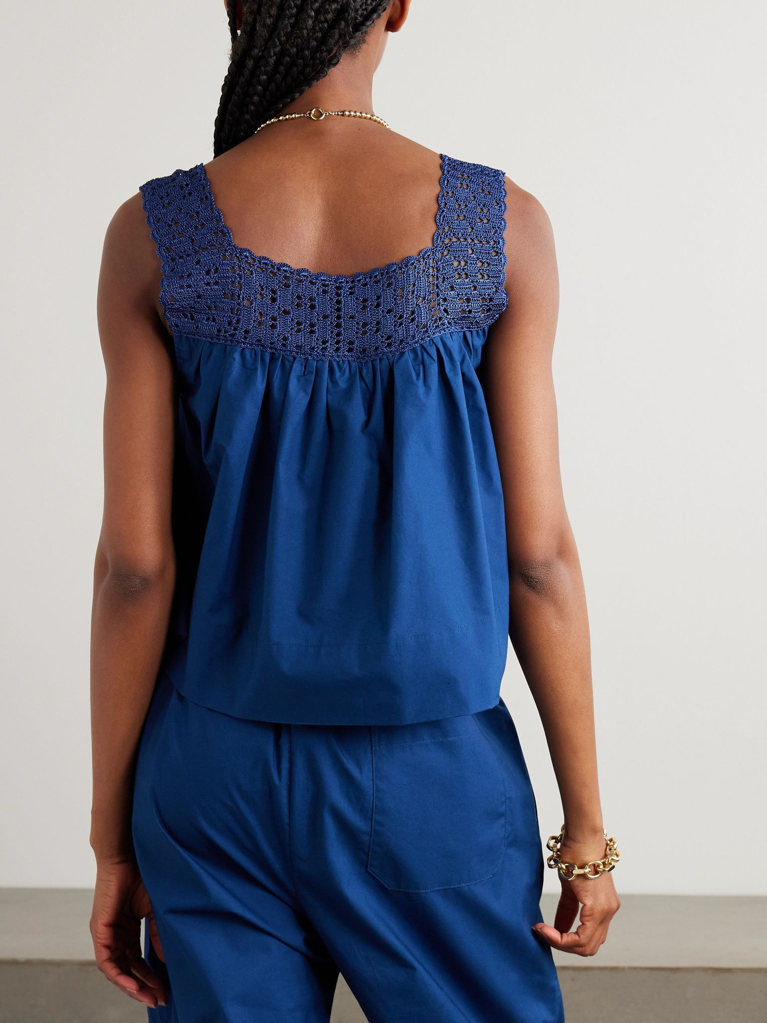 Heirloom crochet-trimmed gathered cotton-poplin top Navy - 3
