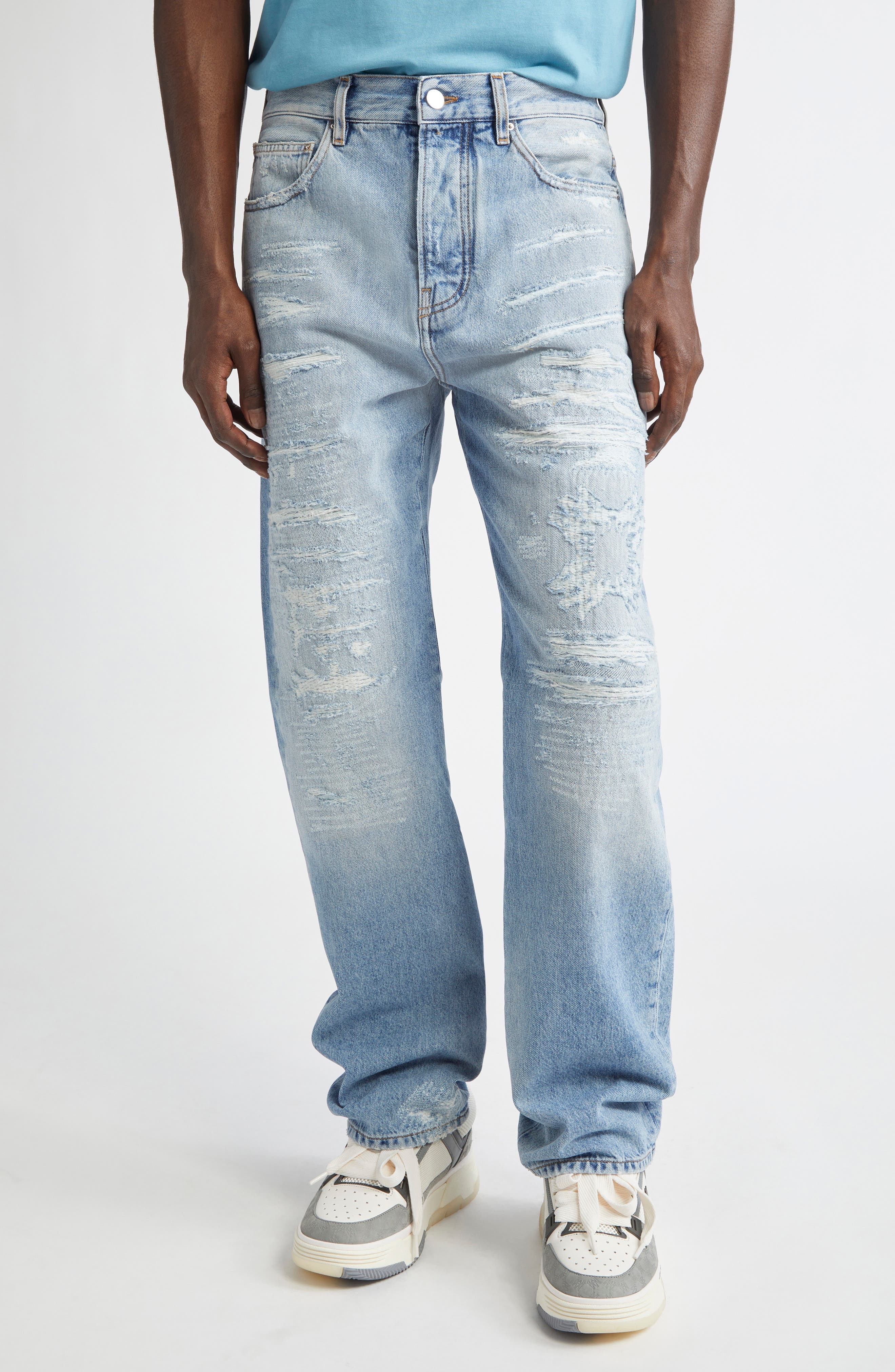 AMIRI MA Quad Rip & Repair Straight Leg Jeans in Surf Indigo at Nordstrom - 1