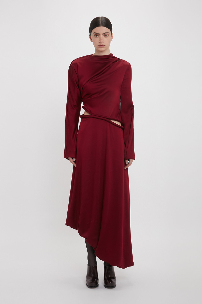 Victoria Beckham Padded Tube Detail Midi Dress In Oxblood - 1424WDR005829A- OXBLOOD-4 | REVERSIBLE