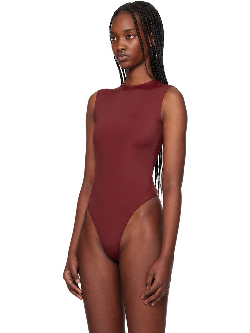 MUGLER Burgundy Sleeveless Shoulder Logo Bodysuit outlook