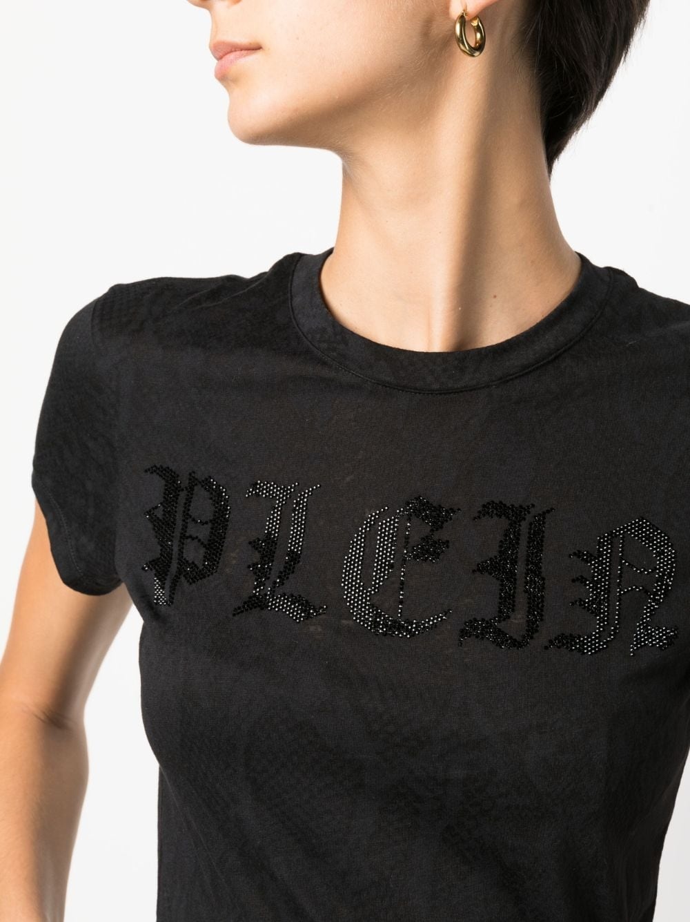 rhinestone-logo snake-print T-shirt - 5