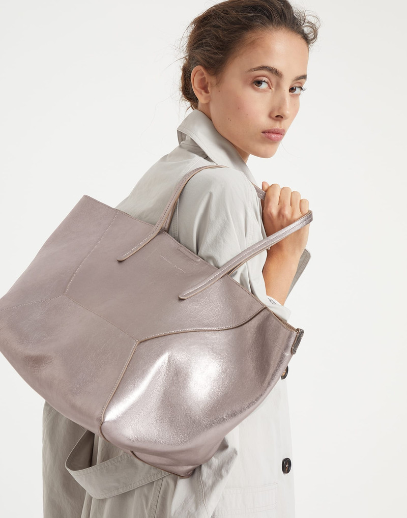 Lamé calfskin shopper bag with monili 4