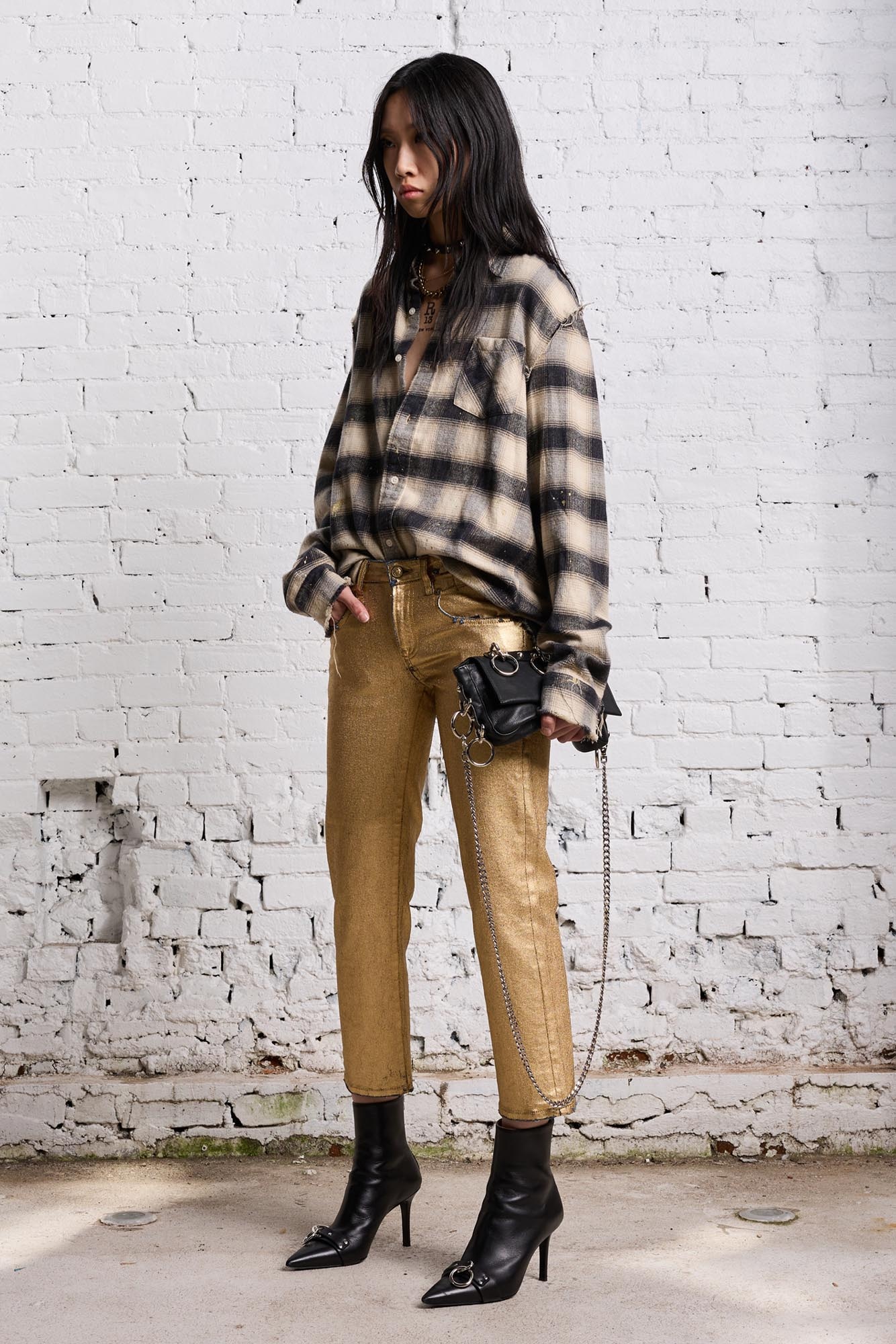 SHREDDED SEAM SHIRT - GOLD SPLATTERED BLACK PLAID - 3