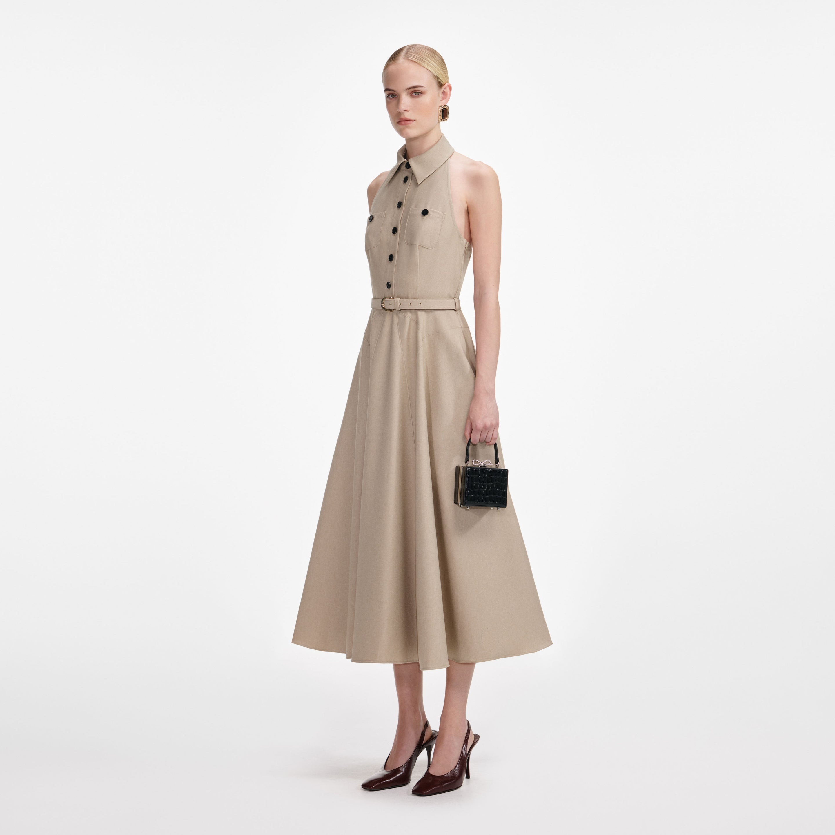 knee length dresses for ladies The Escape Linen Midi Dress in Beige main image 1
