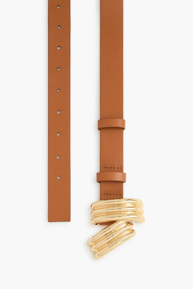 BRANDON MAXWELL The Edythe Swirl Belt in Cognac and Gold outlook