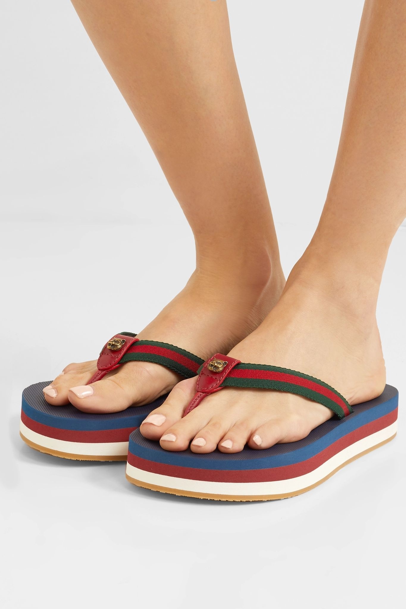 Embellished leather-trimmed striped canvas platform flip flops  - 2