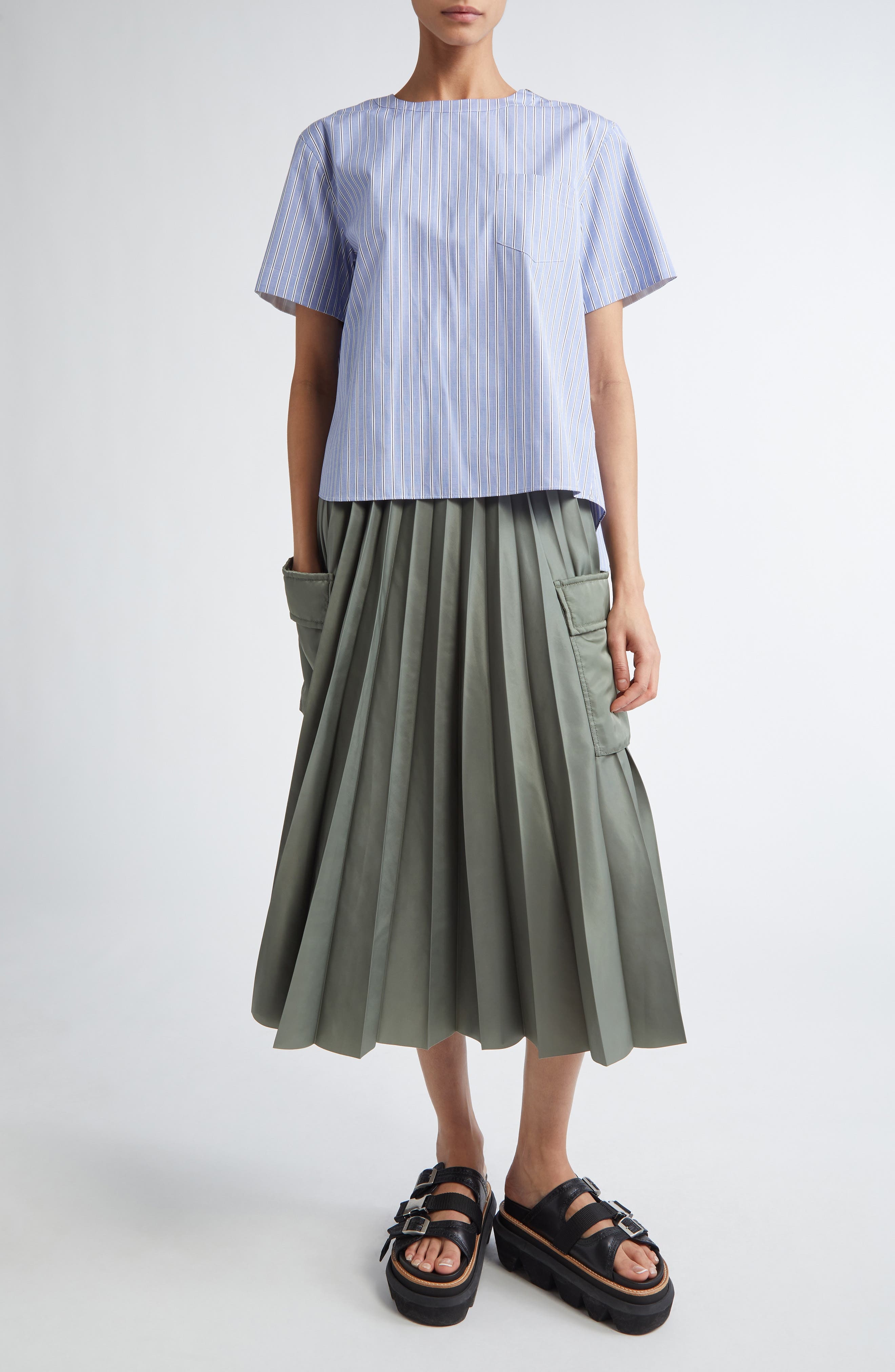 Sacai Mixed Media Poplin & Chiffon Top in Blue Stripe 458 at Nordstrom - 2