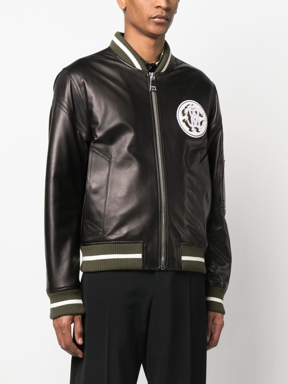 leather monogram-patch bomber jacket - 3