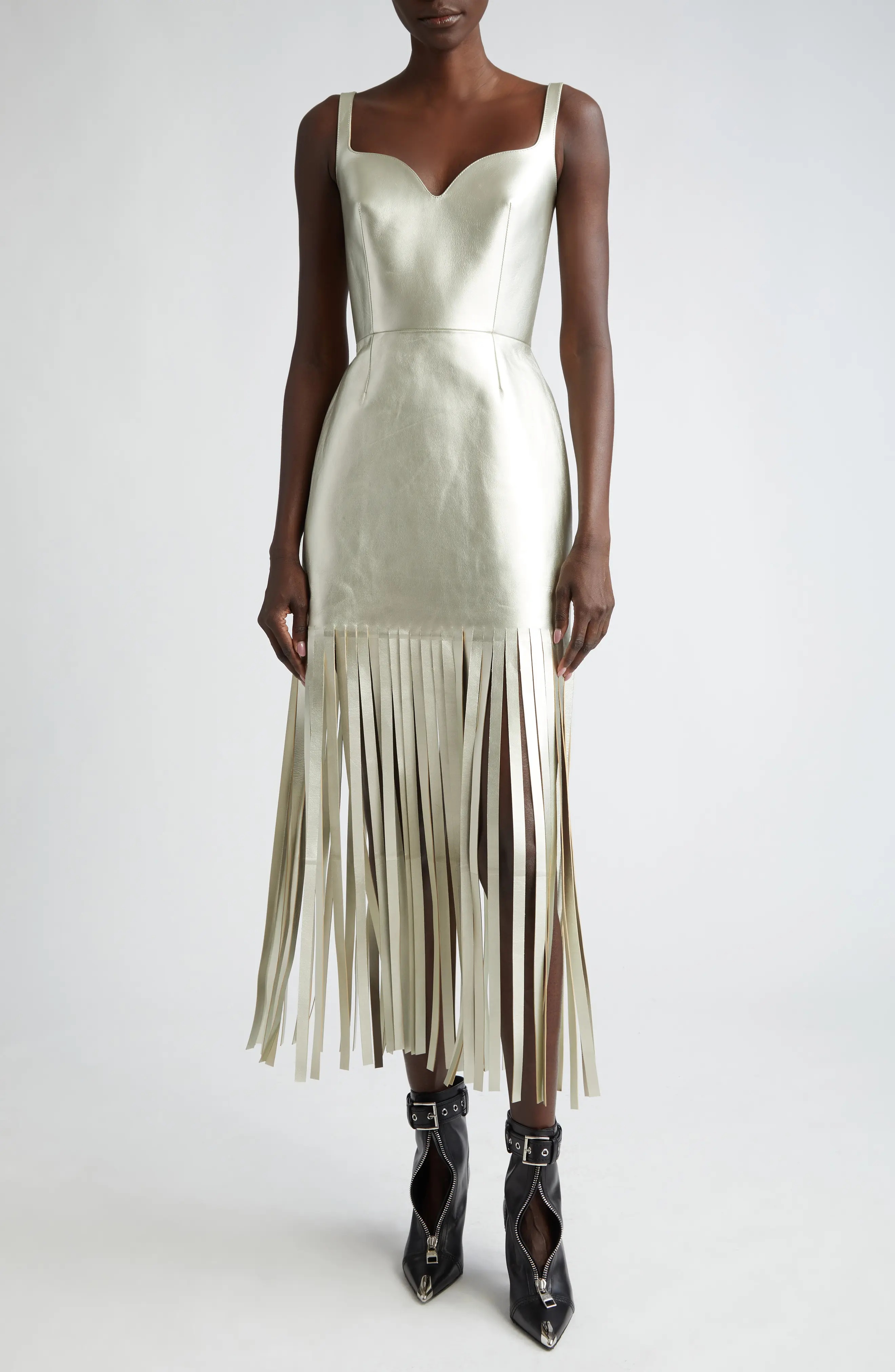 Fringe Metallic Lambskin Leather Dress - 1