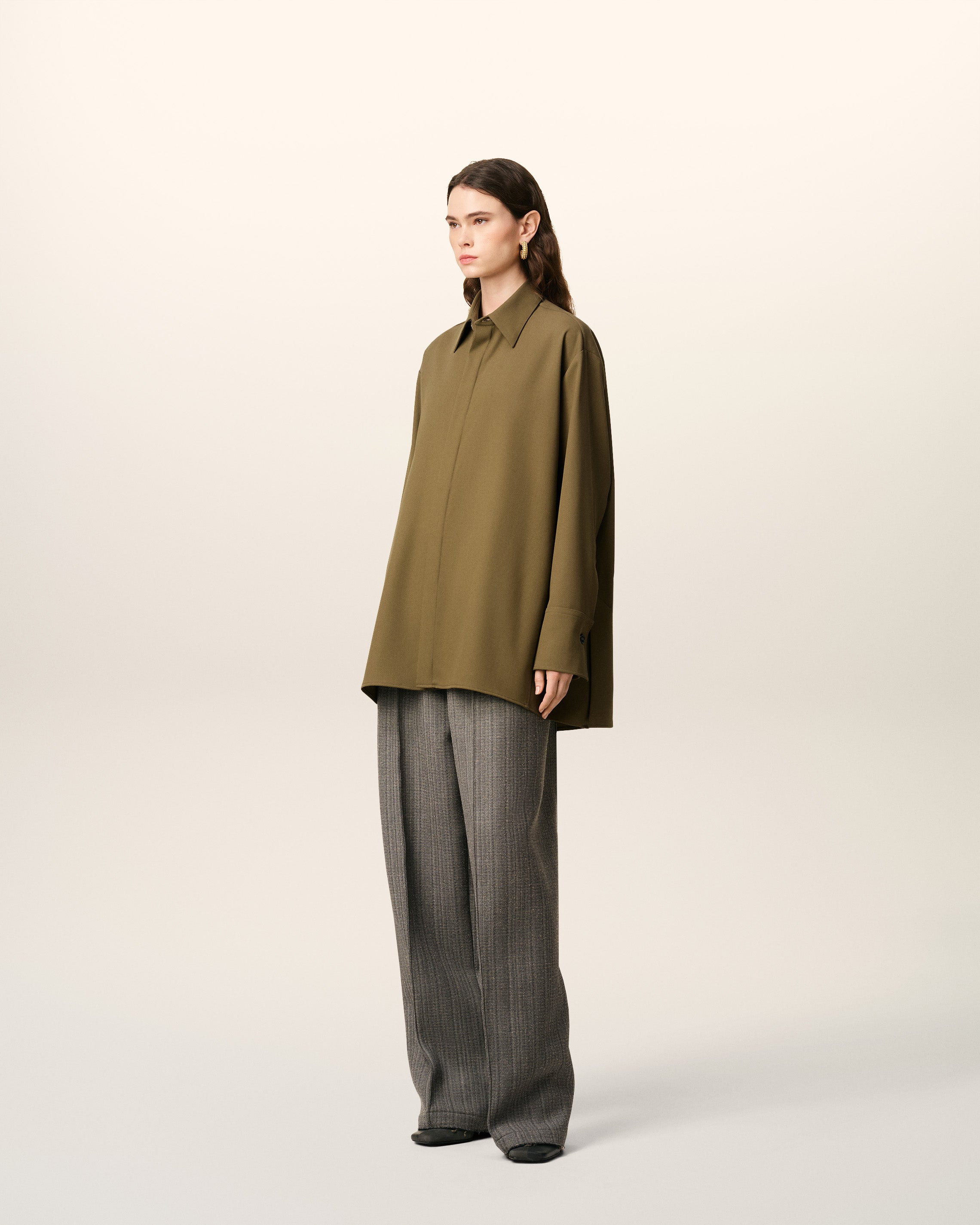 GREEN WOOL LONG OVERSIZED SIDE SLITS SHIRT - 6