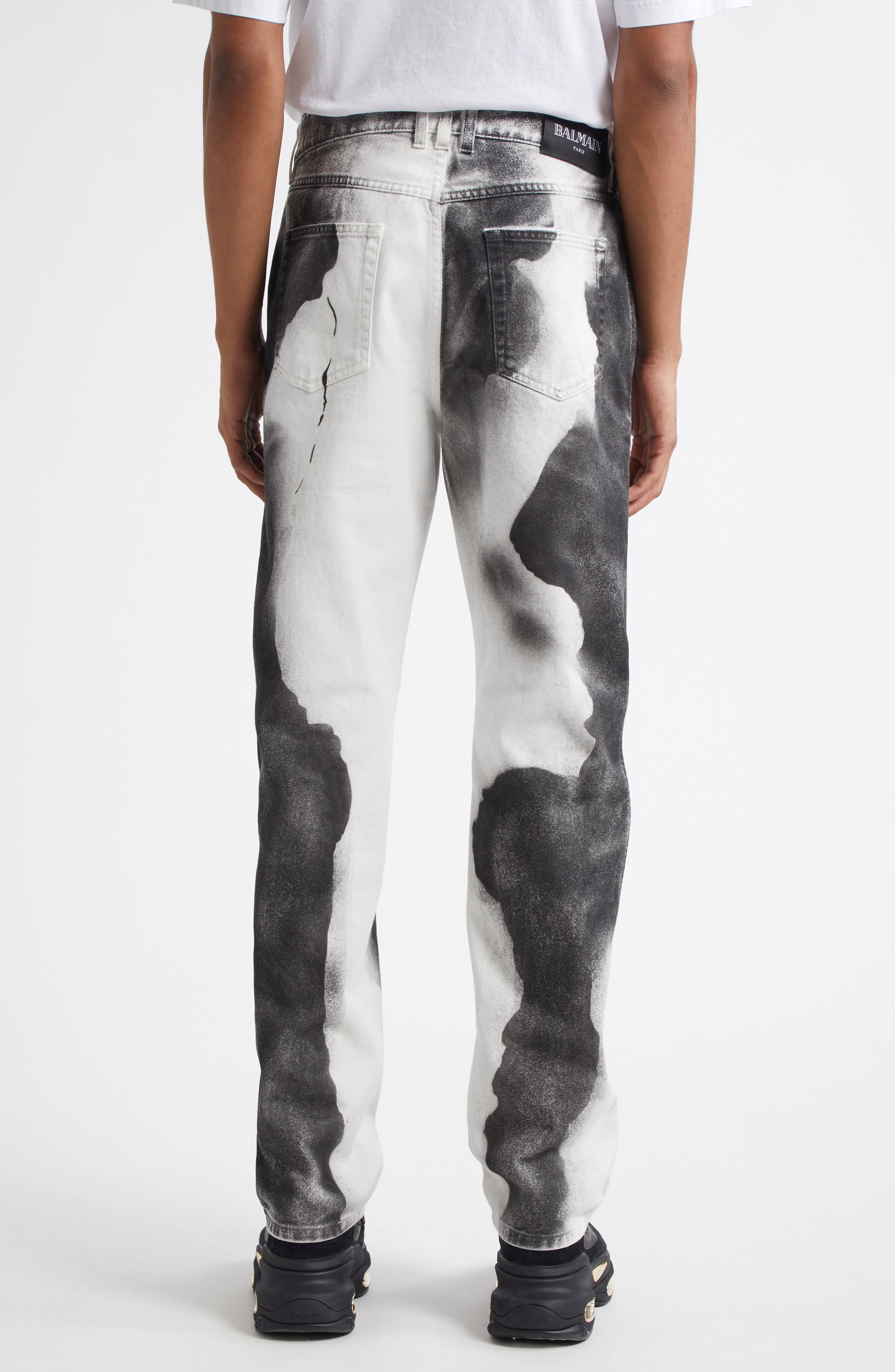 Balmain Moon Print Straight Leg Jeans in White/Black at Nordstrom - 3