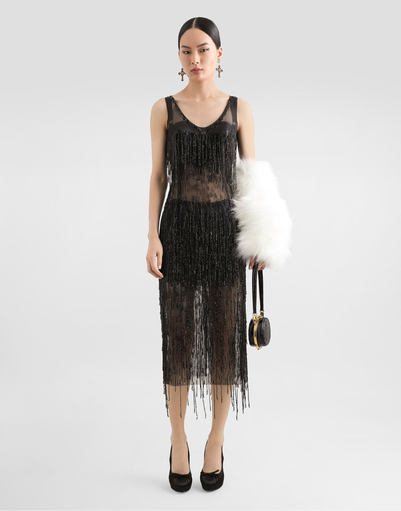 Dolce & Gabbana Sleeveless calf-length marquisette dress with sequined fringing outlook