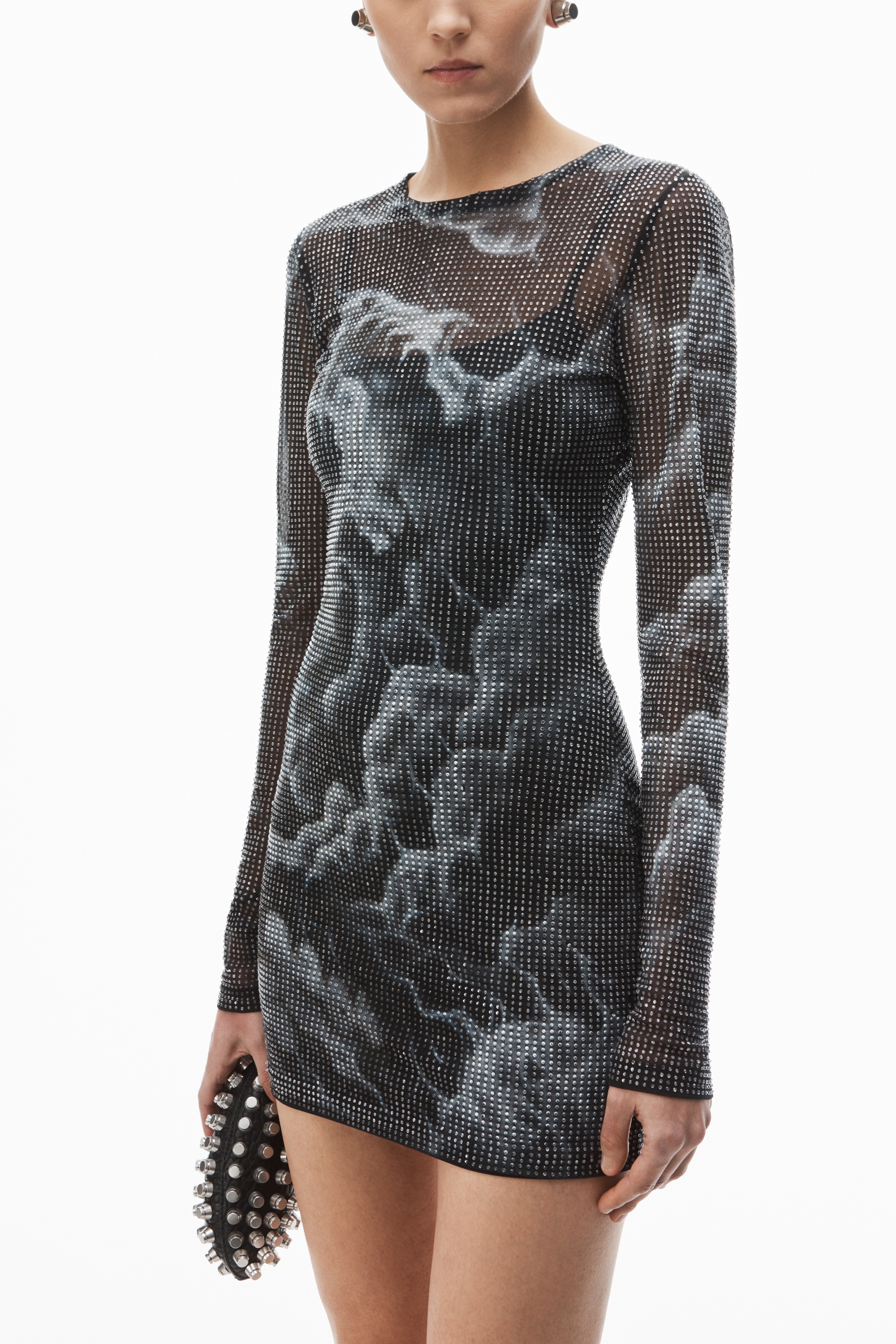 crystal hotfix cloud-print sheer minidress in organza jersey - 4