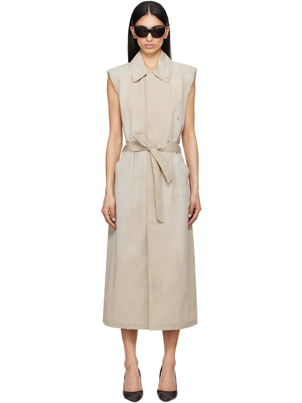 Beige Sleeveless Trench Coat - 1