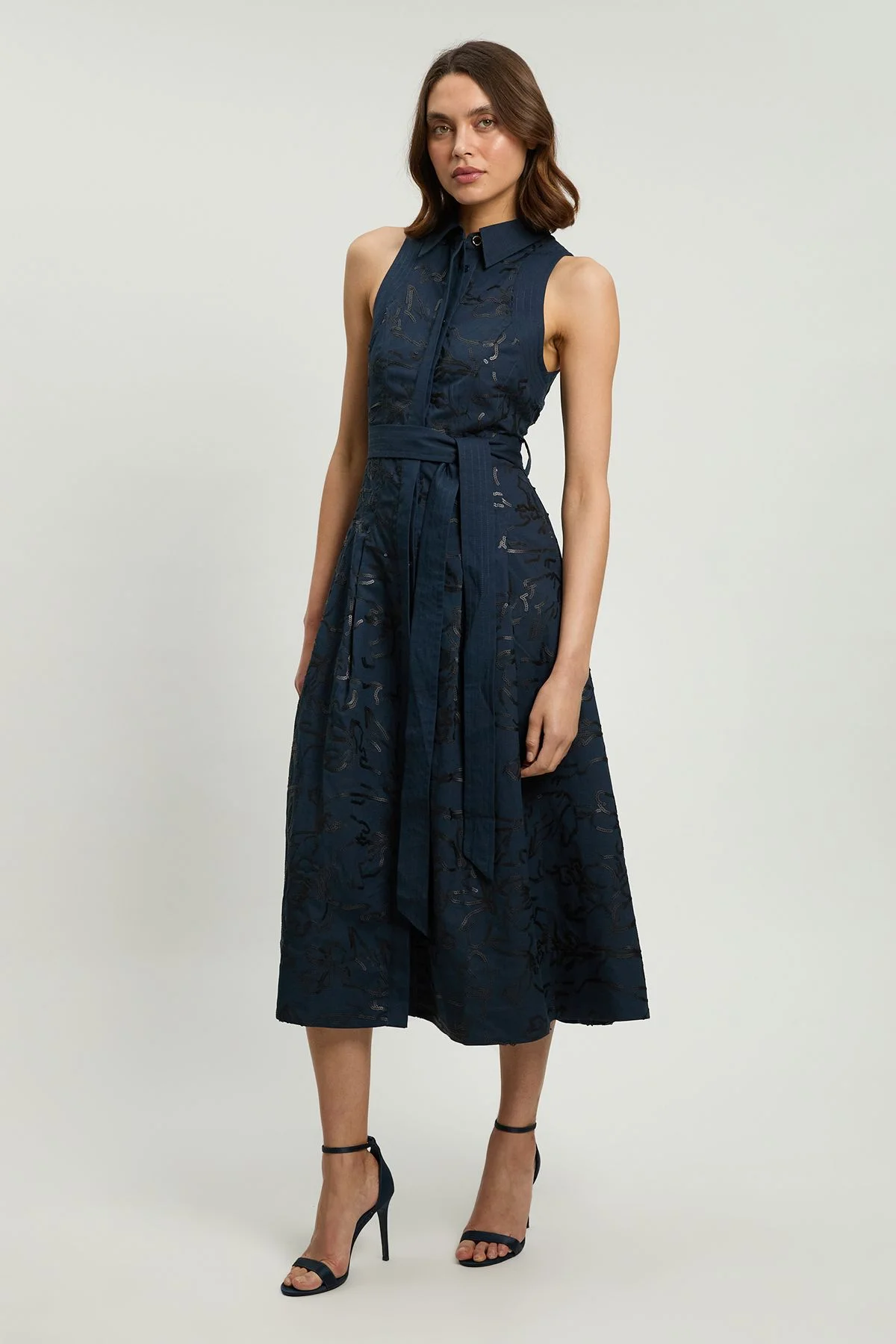 Linen Matte Sequin Collared Midi Dress - 1