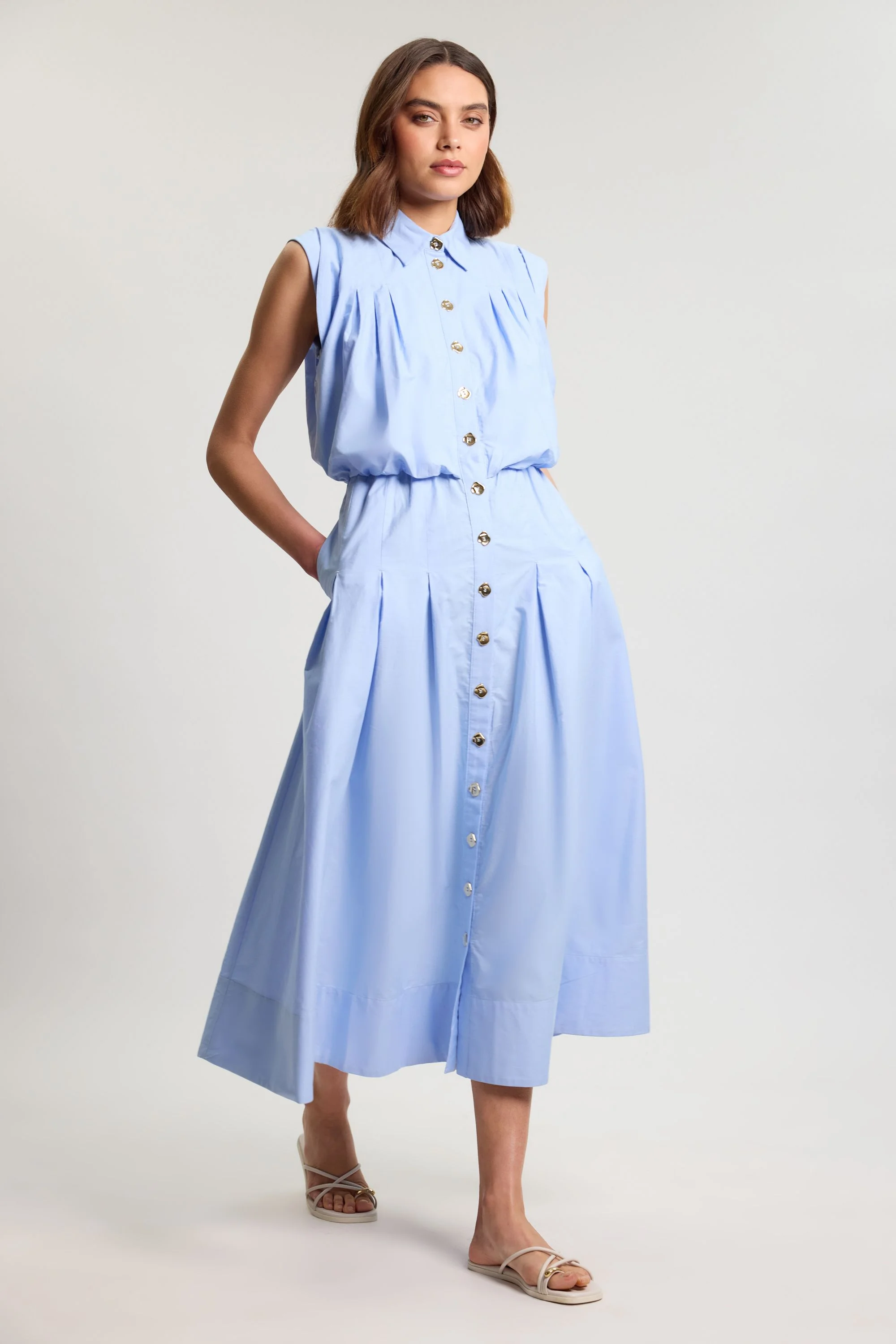 Cotton Poplin Button Up Midi Dress - 1
