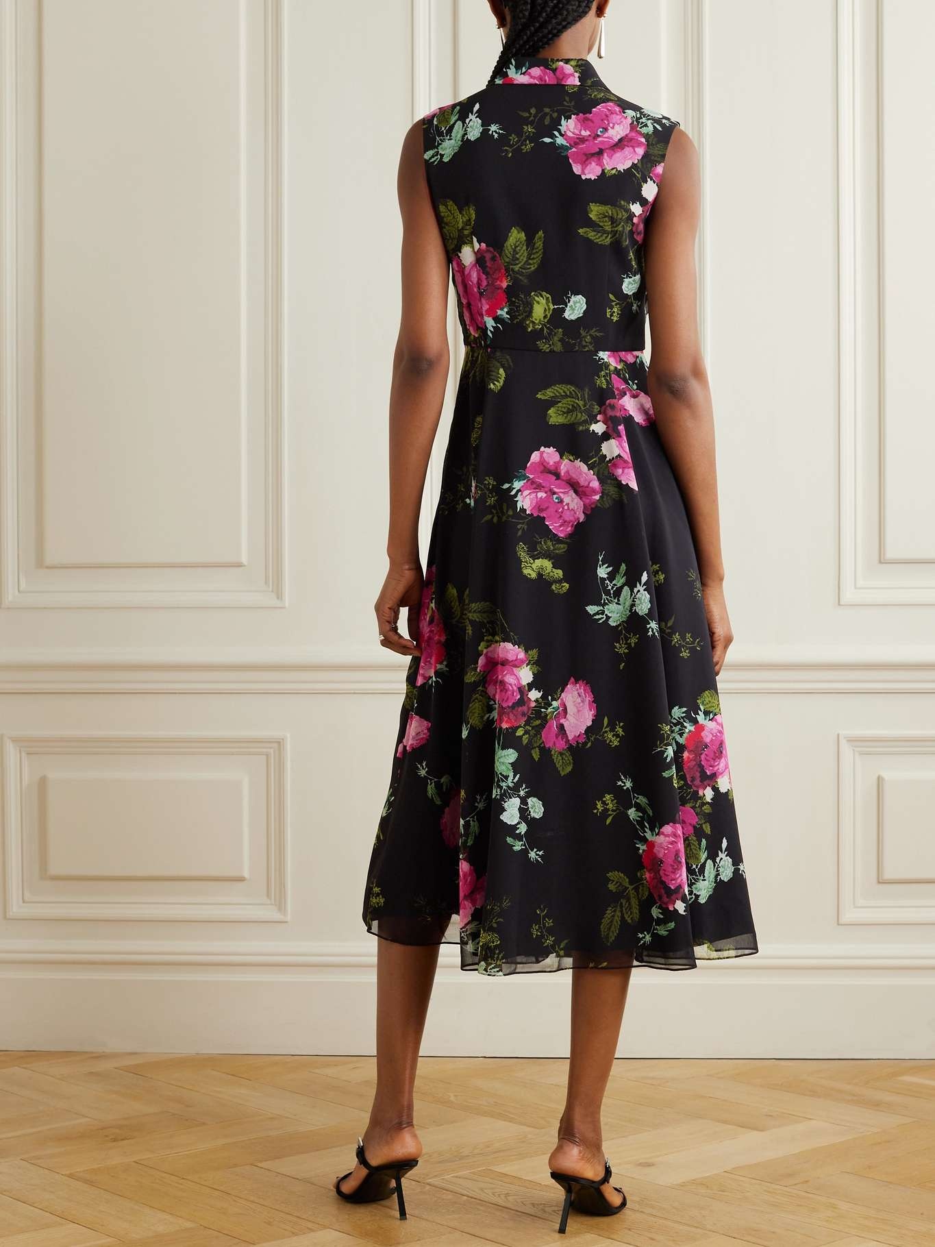 Gathered pleated floral-print chiffon midi dress - 3