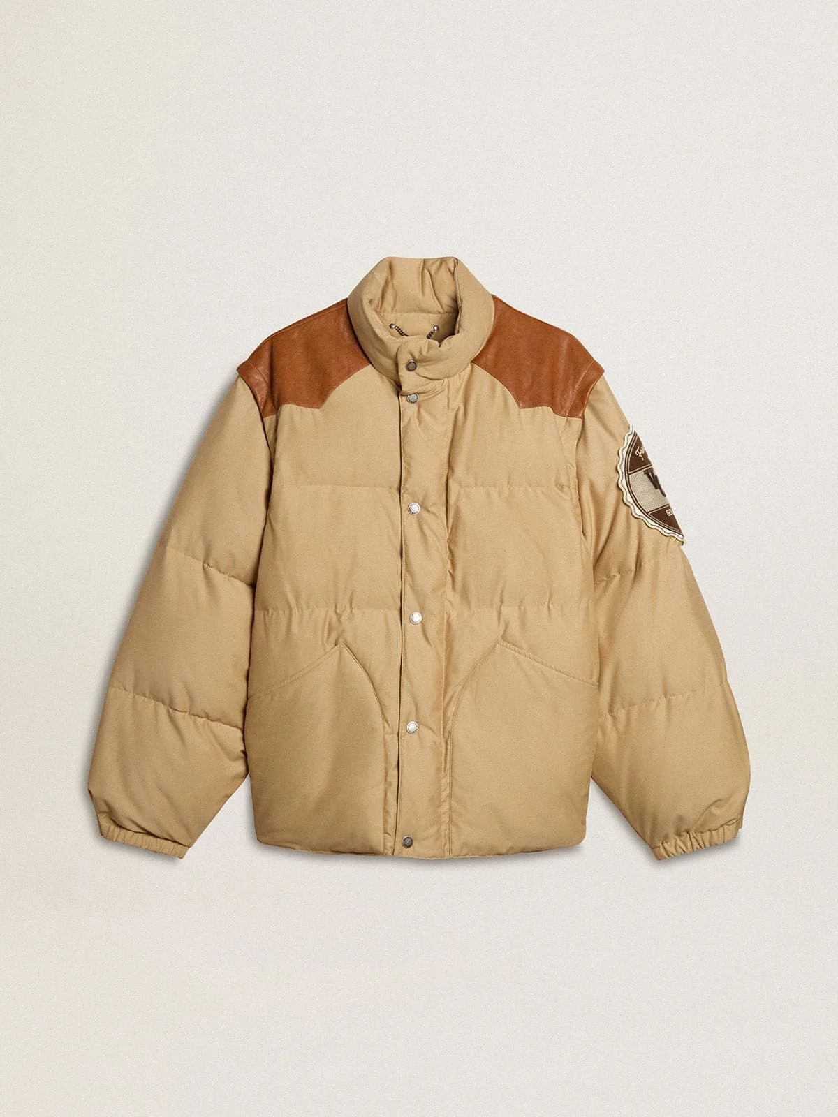 Beige bomber jacket with leather and patch details - 1