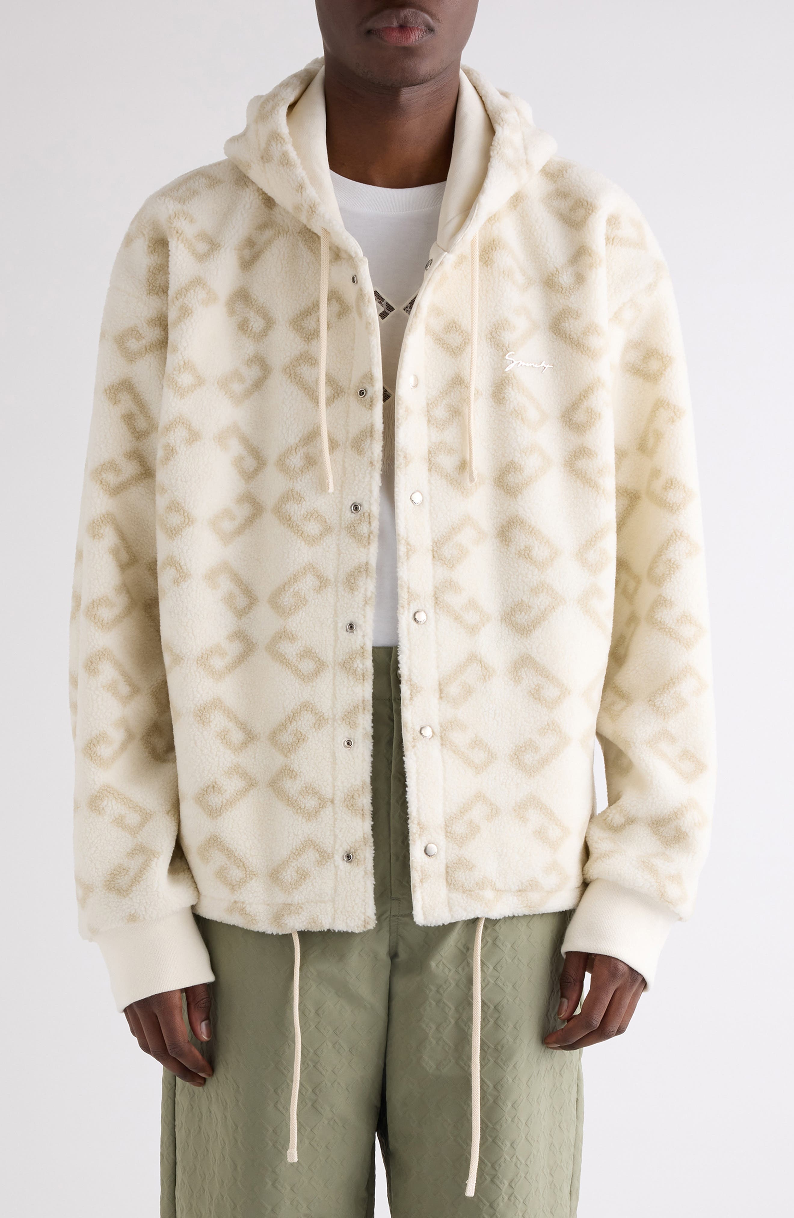Givenchy Monogram 72 Print High Pile Fleece Snap-Up Hoodie in Natural at Nordstrom - 1