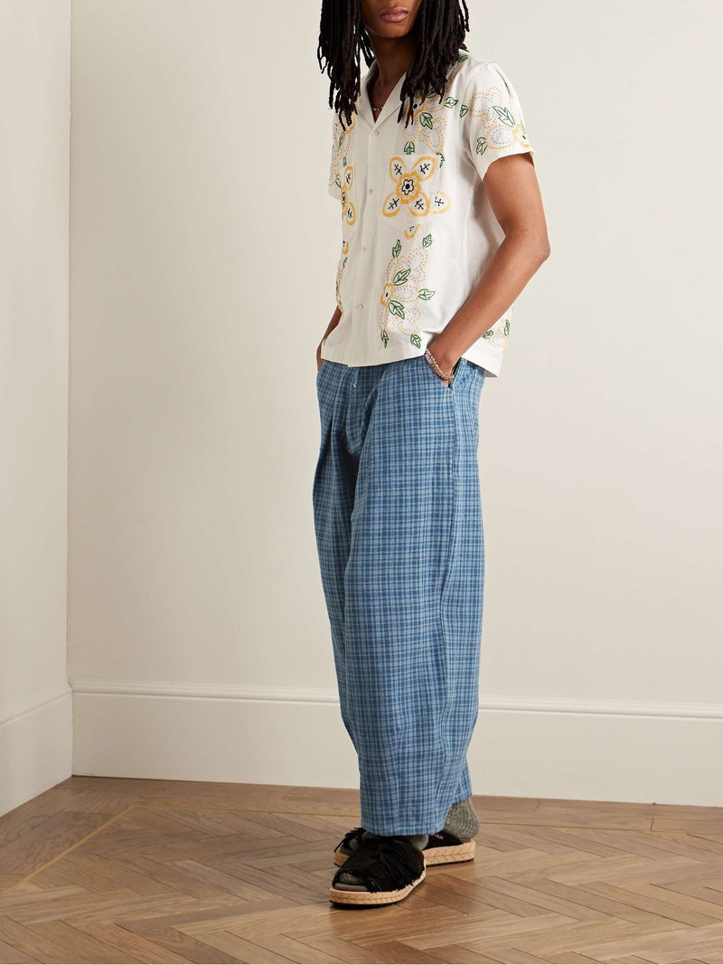 Story mfg. Lush Tapered Pleated Checked Organic Cotton Drawstring Trousers outlook