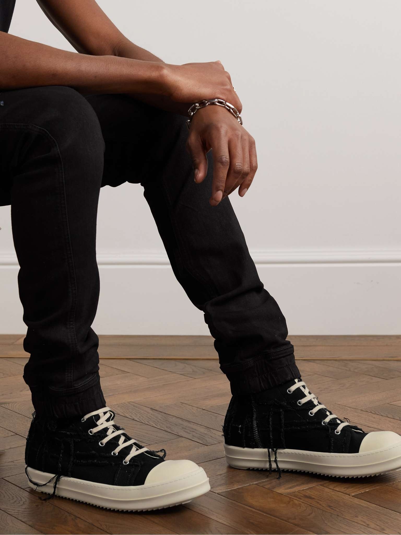 Rick Owens DRKSHDW Distressed Denim High-Top Sneakers | REVERSIBLE