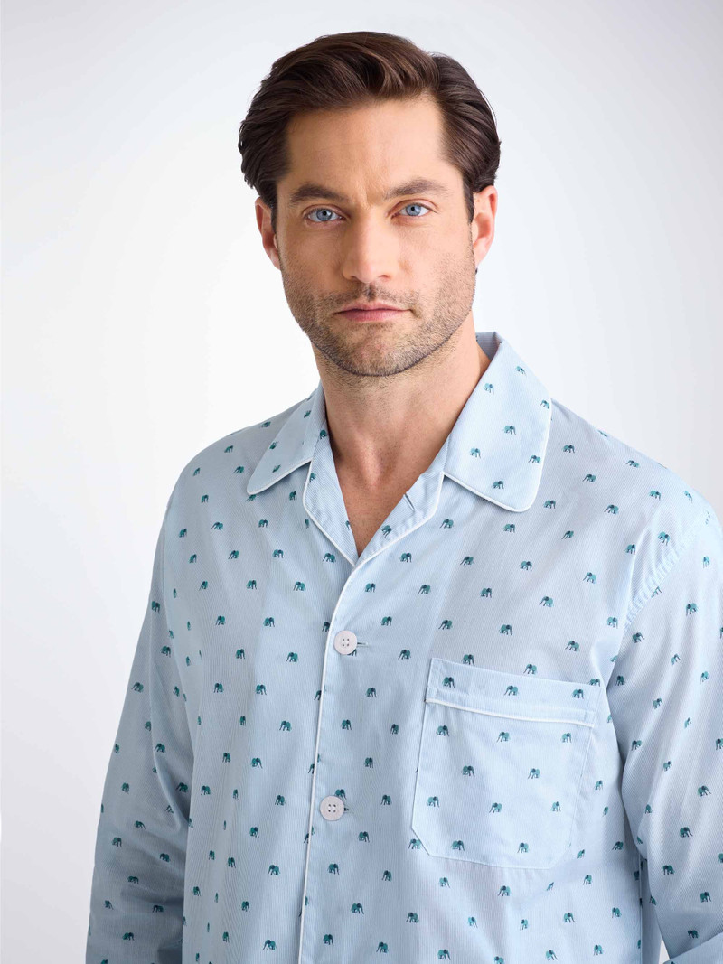 Derek Rose Men's Classic Fit Pajamas Cotton Batiste Blue Elephant Print outlook