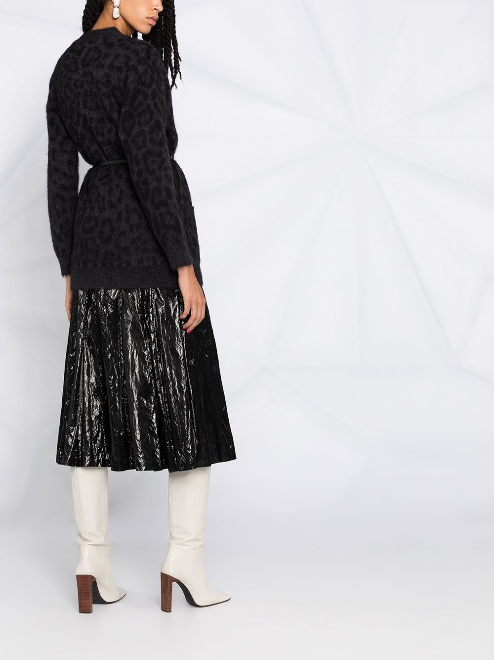 leopard pattern belted V-neck cardigan - 4