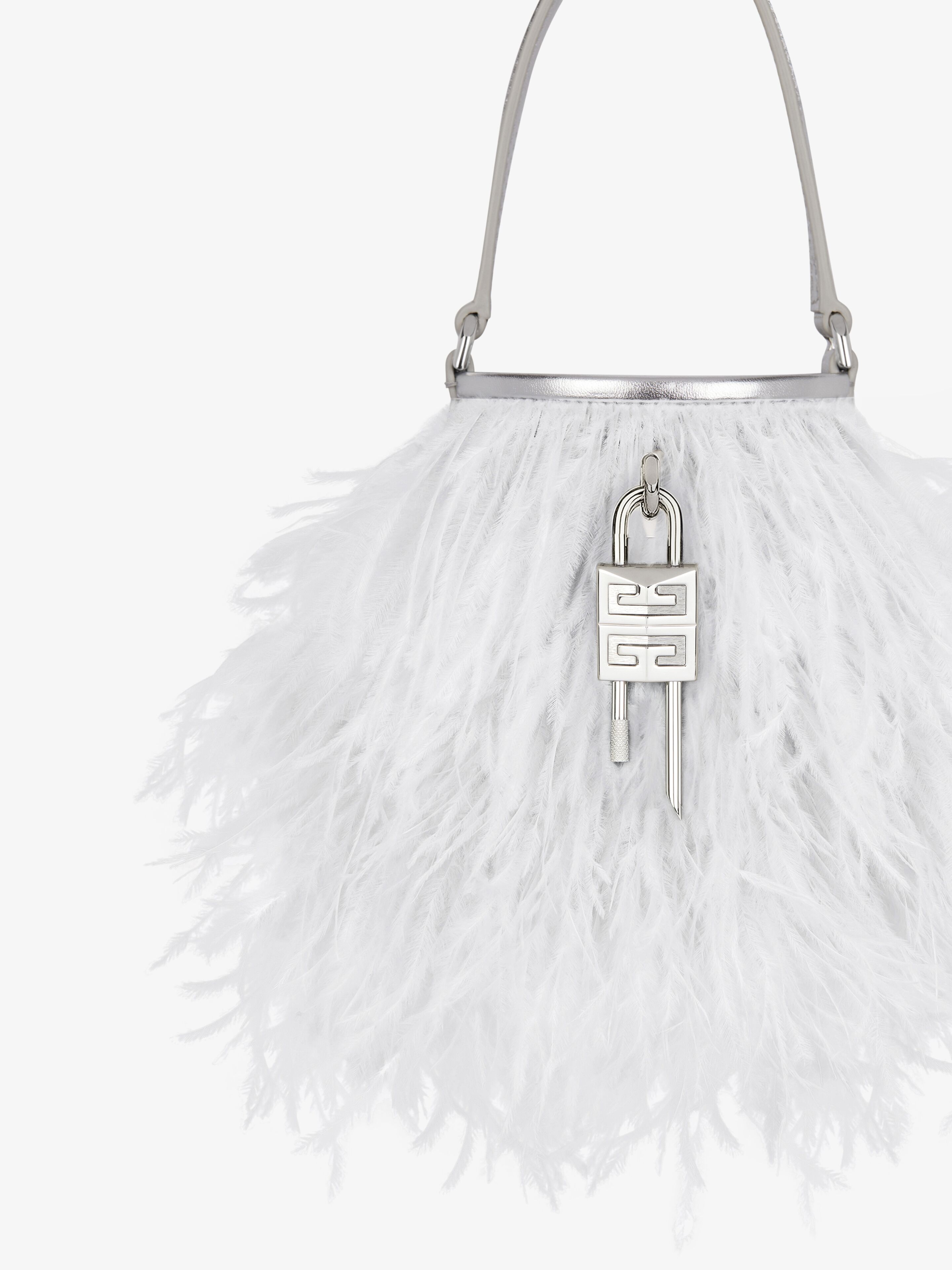 MICRO SHARK LOCK BUCKET BAG IN SATIN WITH FEATHERS - 7