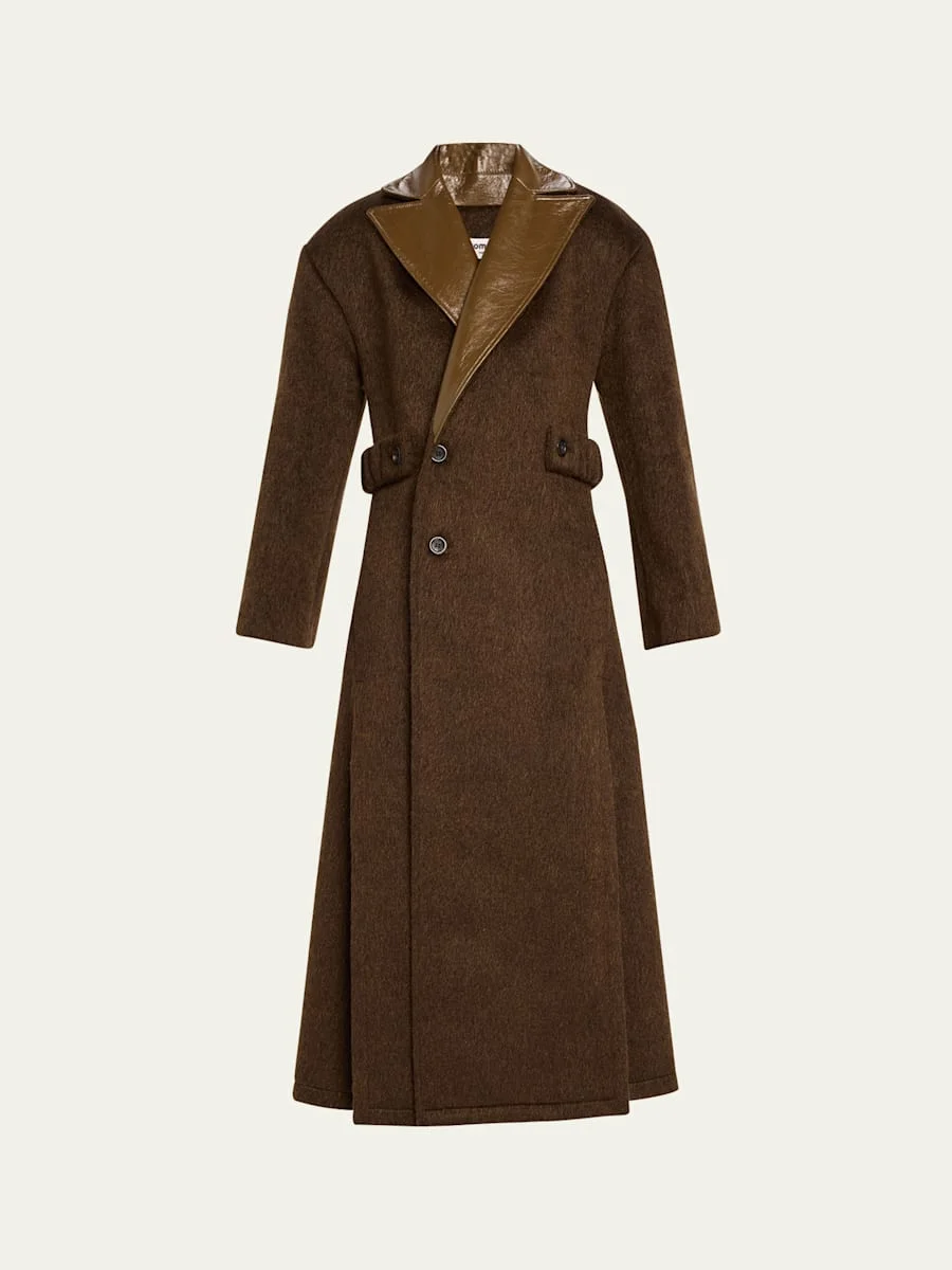 Shiny-Leather Lapels Double-Breasted Faux-Fur Trench Coat - 1