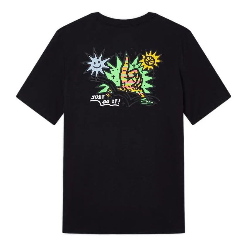 Men's Nike SS22 Cartoon Sun Hand Printing Pattern Alphabet Round Neck Short Sleeve Black T-Shirt DV3 - 1