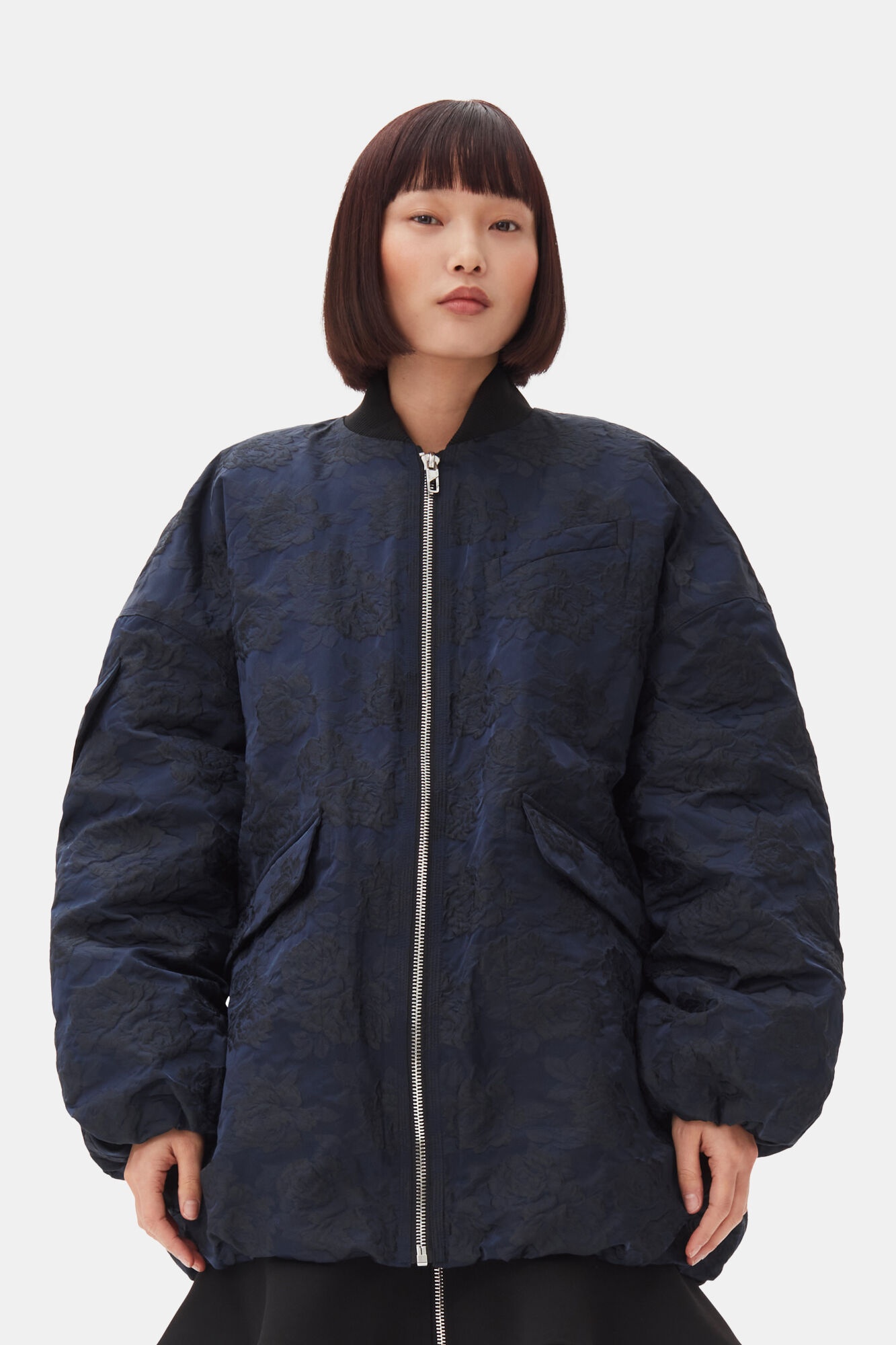 NAVY BLUE BOTANICAL JACQUARD BOMBER JACKET - 2
