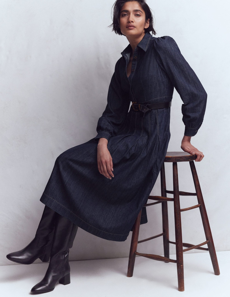 Pleat Skirt Denim Midi Dress-Indigo Wash 3