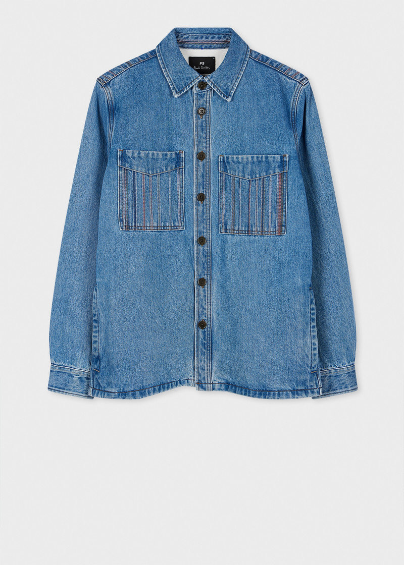 Light-Wash Denim Embroidered-Stripe Shirt Jacket - 1