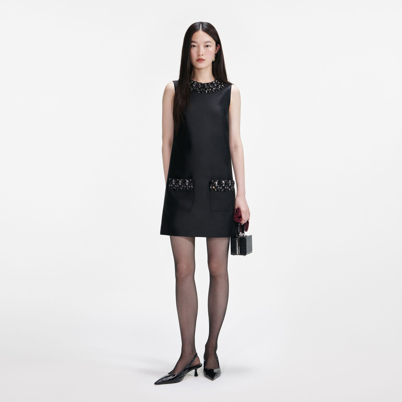 Black Taffeta Embellished Trim Mini Dress - 1