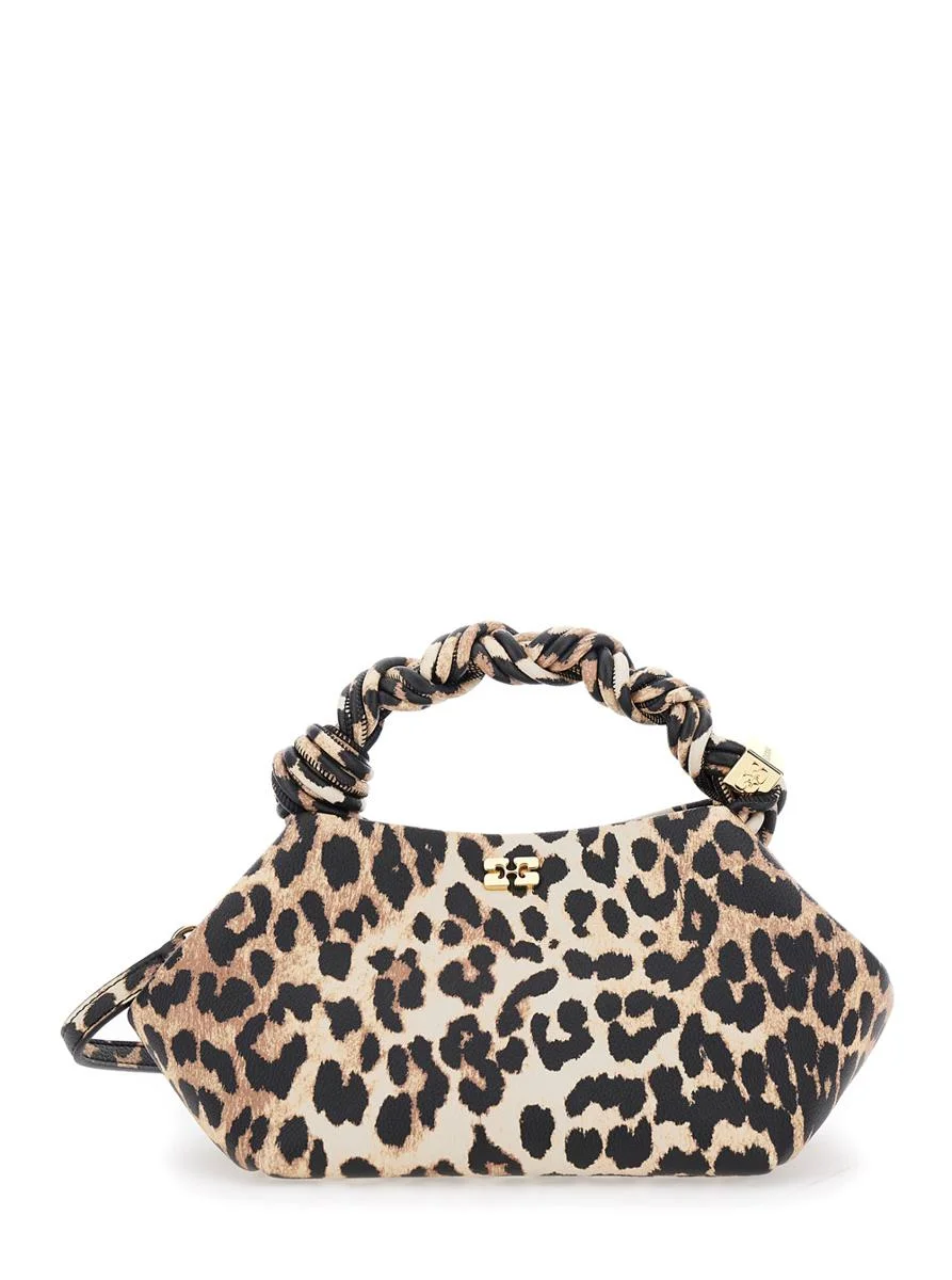 Ganni 'Bou' Brown Small Handbag With Braided Handle And All-Over Leopard Motif In Fabric Woman - 1