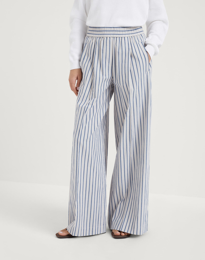 Striped cotton and linen wrinkled poplin loose track trousers - 1